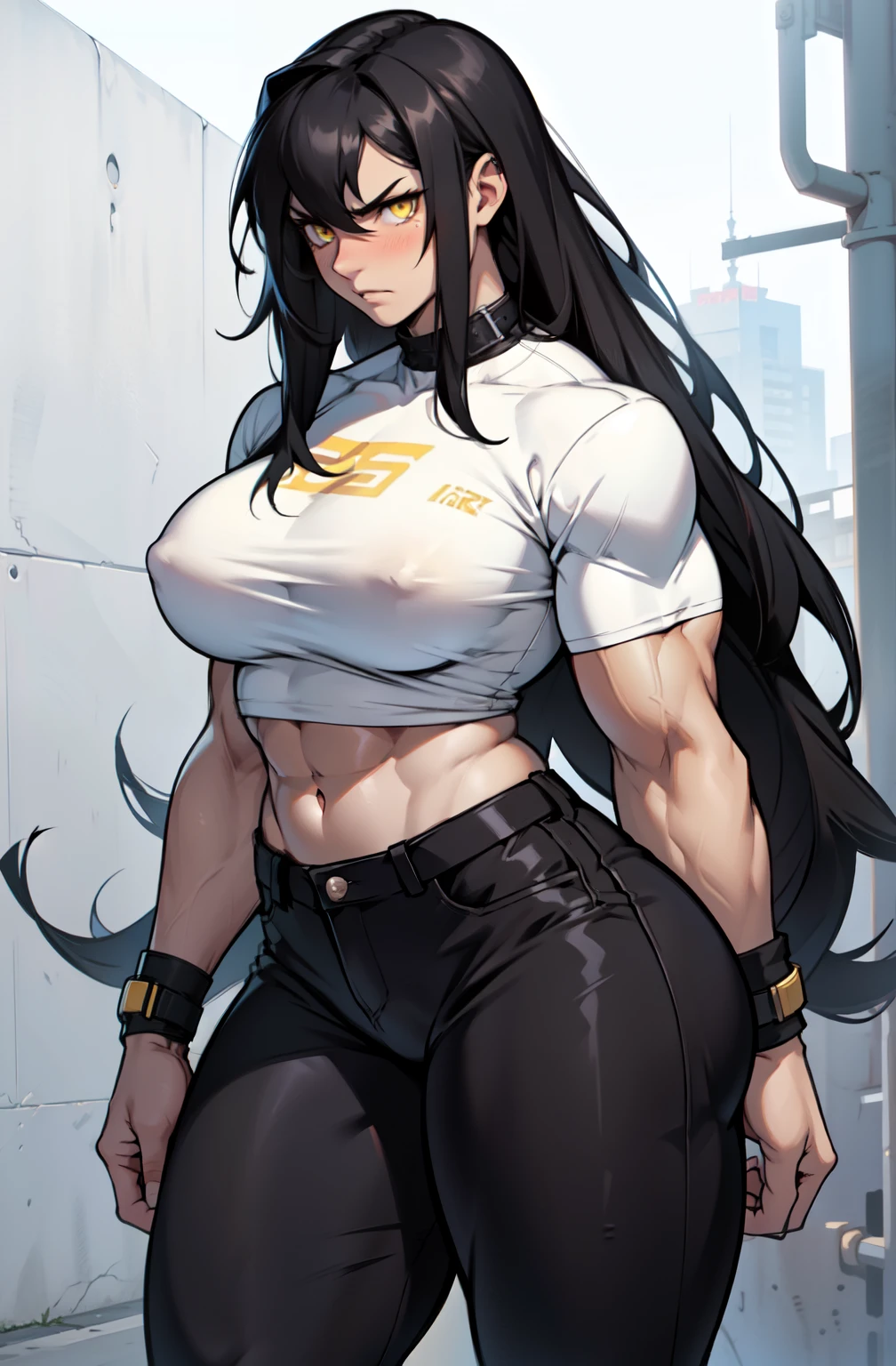 1girl, extremely long hair, solo, ((muscular)), veins, black hair, yellow eyes, blushing, thick thighs, pale skin, strong, veins, abs, big thighs, huge breasts, navel, standing, angry, tight pants, tight shirt