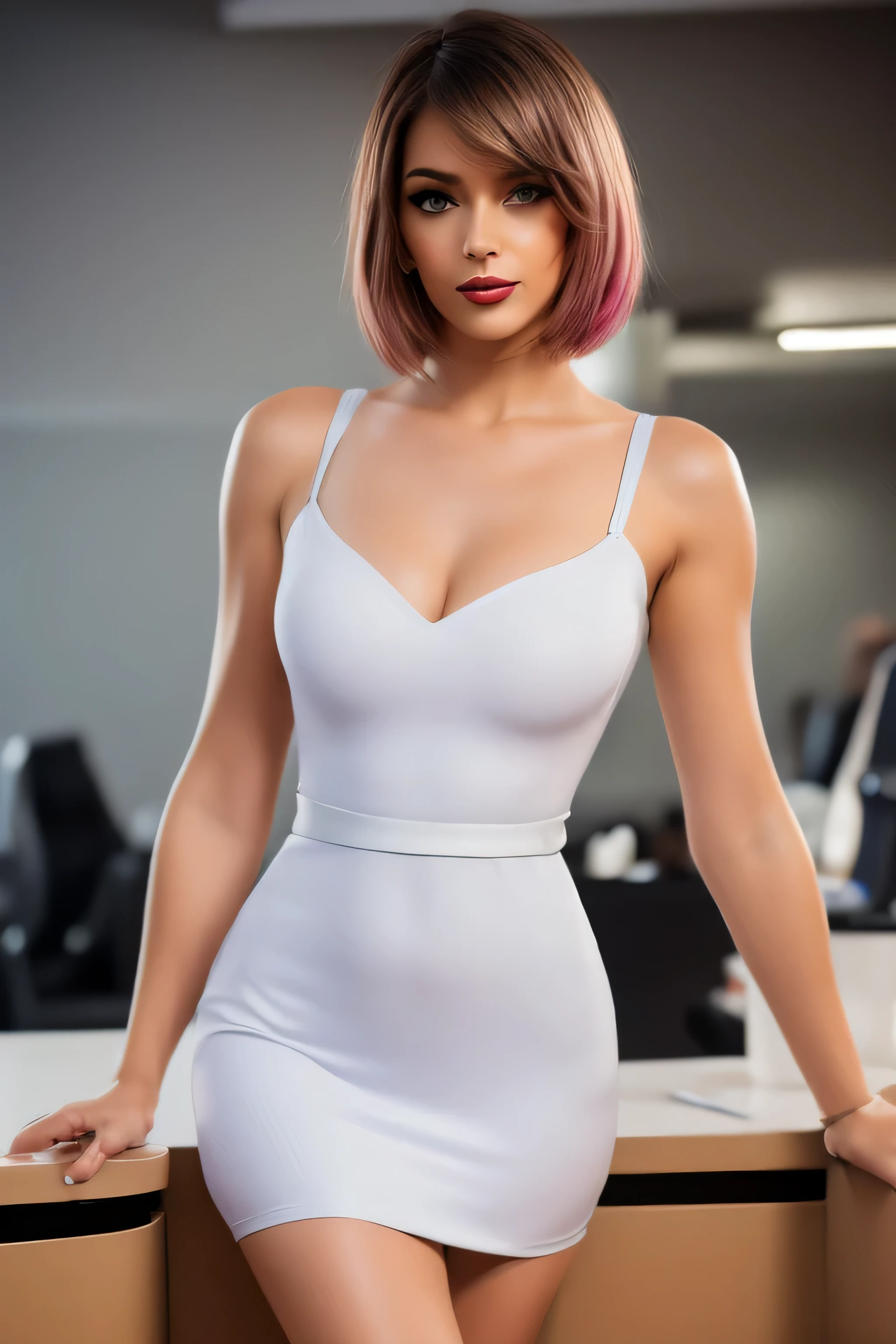 Best quality, PhotoRealistic, ultra detailed, finely detailed, high resolution, 8K wallpaper, Raw color photo, professional, High level of detail, (Model advertising a computer..). Beautiful 35 year old woman, (pale skin), (Masterpiece), (full body), (blue eyes), Realistic, happy face, (red lipstick), expressive smile, ((short shoulder length hair), (pink hair)), ((small breast, no cleavage)). white dress for woman, (Best quality,4k,8K,high resolution,Masterpiece:1.2),ultra detailed,(Realistic,photoRealistic,photoRealistic:1. 37),portrait, Tailored suit for ladies,professional setting,confident expression,stylish haircut,Office environment,modern office building,stunning architecture,elegant pose,executive woman,high heels,spacious and bright office,sharp focus,women working together,polished look,neutral color palette,soft natural lighting,clean and minimalist design,important business meeting, Intricate patterns on suit, well groomed hairstyle,Desk with computer and paperwork,air of authority,successful and accomplished women,award winning photo, (Face to face), (Look at viewers), small light, low contrast, facial symmetry, depth of fields, cinematic background, central image, softly lit, (finely detailed skin), Realistic skin texture, extreme skin details, (pores: 0. 1), small bust with good shape