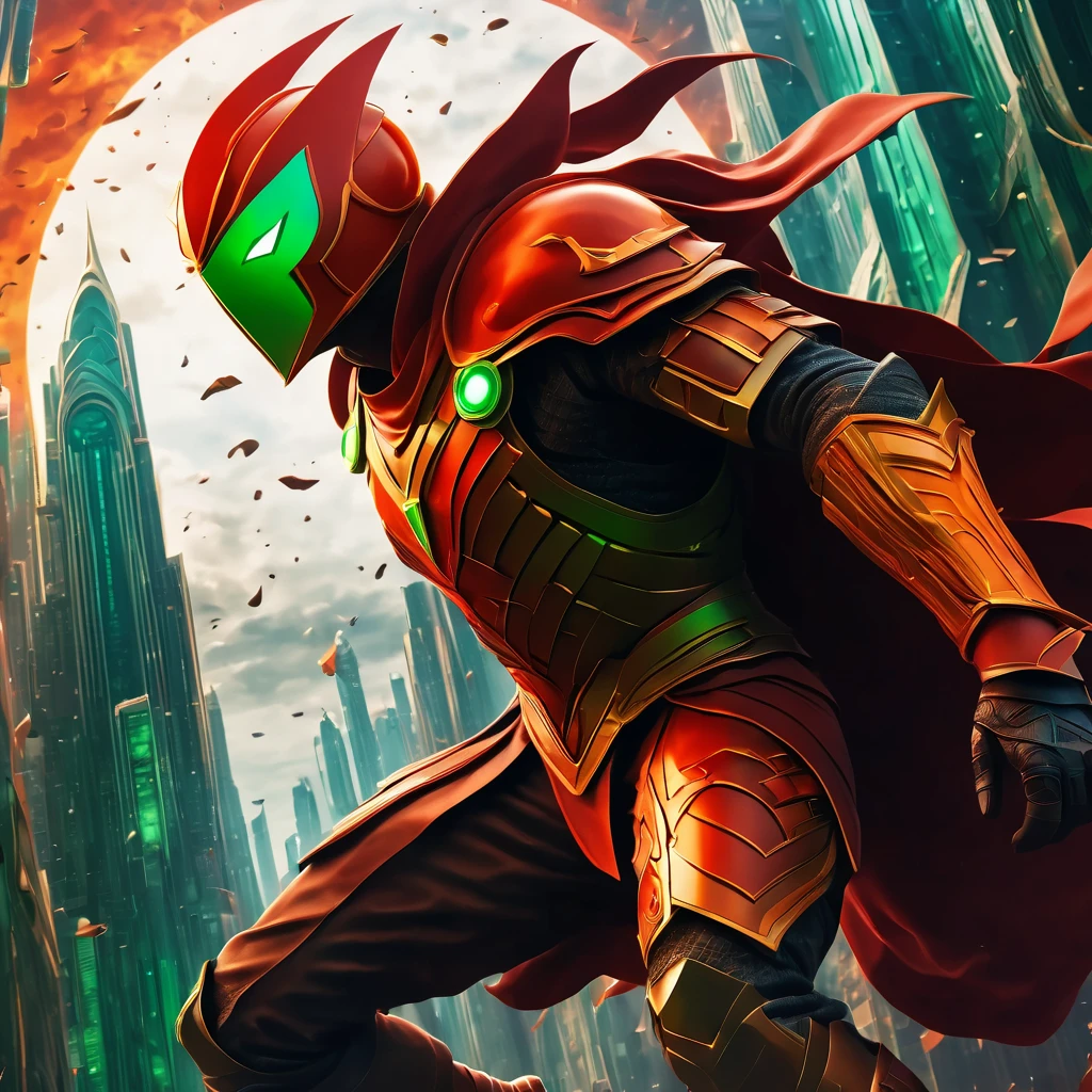 (best quality, highres, ultra sharp), Final Showdown between a heroic warrior and a heroic villain in a intense action, atmospheric perspective in a city inside a infinite battle,, epic action, dark tones of red, brown, orange, green and gray colors, art deco, 3d crunch,