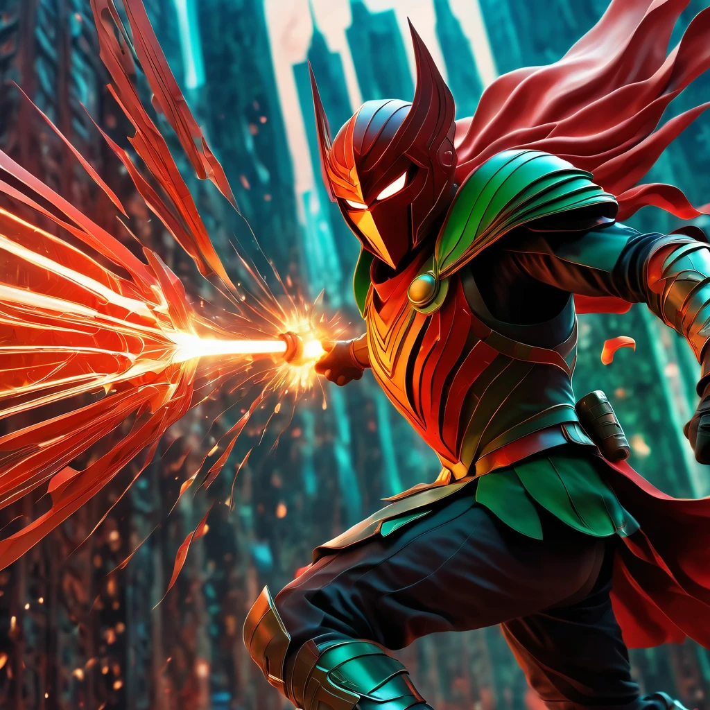 (best quality, highres, ultra sharp), Final Showdown between a heroic warrior and a heroic villain in a intense action, atmospheric perspective in a city inside a infinite battle,, epic action, dark tones of red, brown, orange, green and gray colors, art deco, 3d crunch,