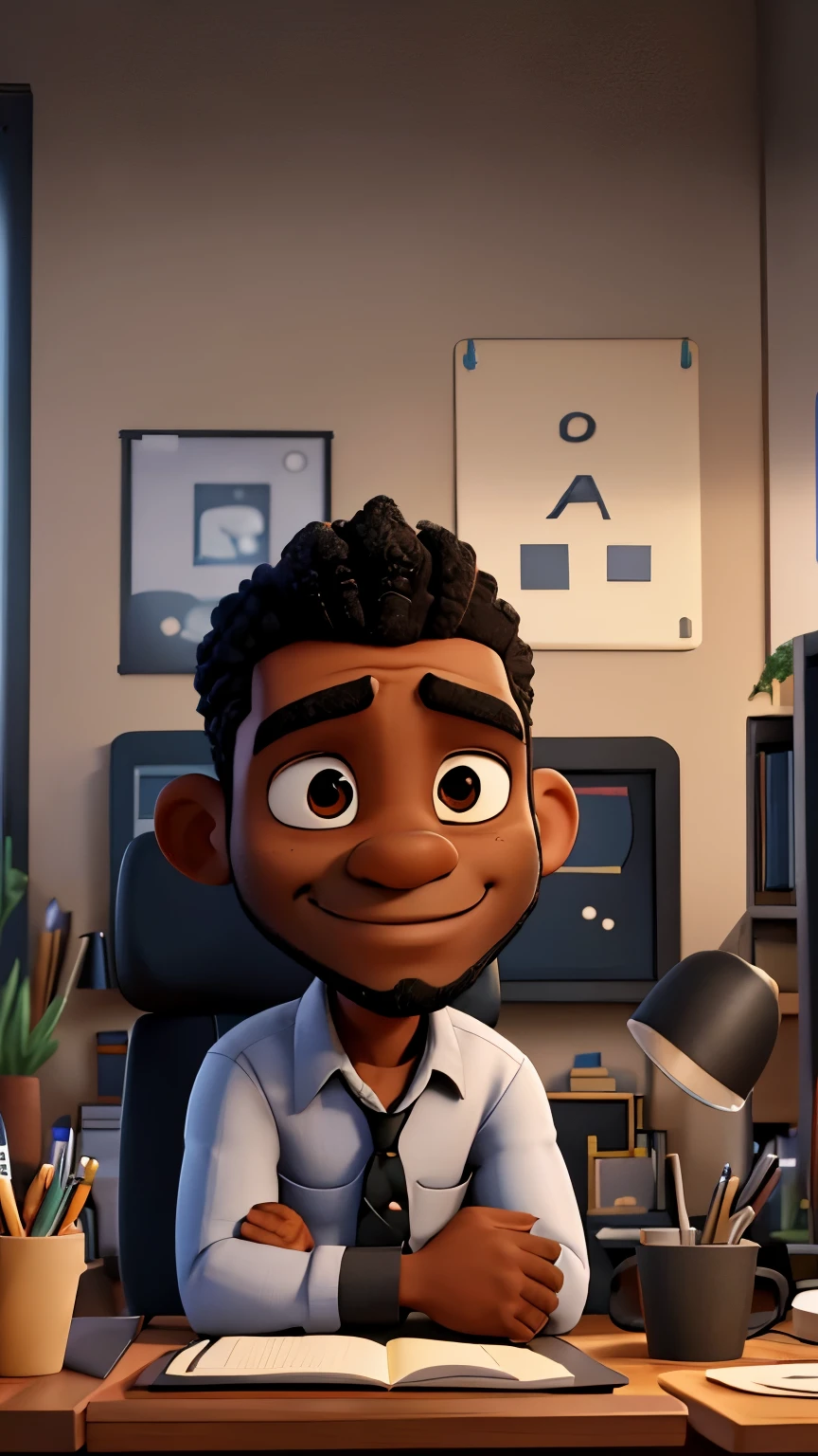 render of a black man with bearded pointy chin, small ears, squinty almond shaped eyes, high cheekbones, black hair, wearing a casual shirt, sitting at a desk in a modern office with a laptop with soft warm lighting and plants and bookcases in the background in the style of disney pixar