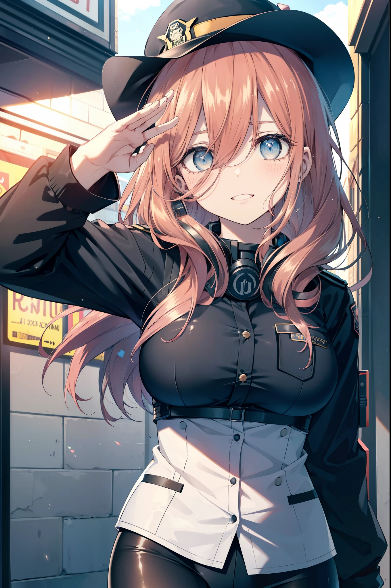 miku nakano, Nakano Miku Ticket III, long hair, bangs, blue eyes, brown hair, hair between eyes, headphones around neck,police hat,smile,blush,open your mouth,sexy police uniform,black pencil skirt,black pantyhose,stiletto heels,The girl salutes with her left hand,Place your right hand on your hip.,Looking up,sunrise,morning,sun,
break outdoors, In town,building street,
break looking at viewer, (cowboy shot:1.5), (Upper body:1.5),
break (masterpiece:1.2), highest quality, High resolution, unity 8k wallpaper, (figure:0.8), (detailed and beautiful eyes:1.6), highly detailed face, perfect lighting, Very detailed CG, (perfect hands, perfect anatomy),