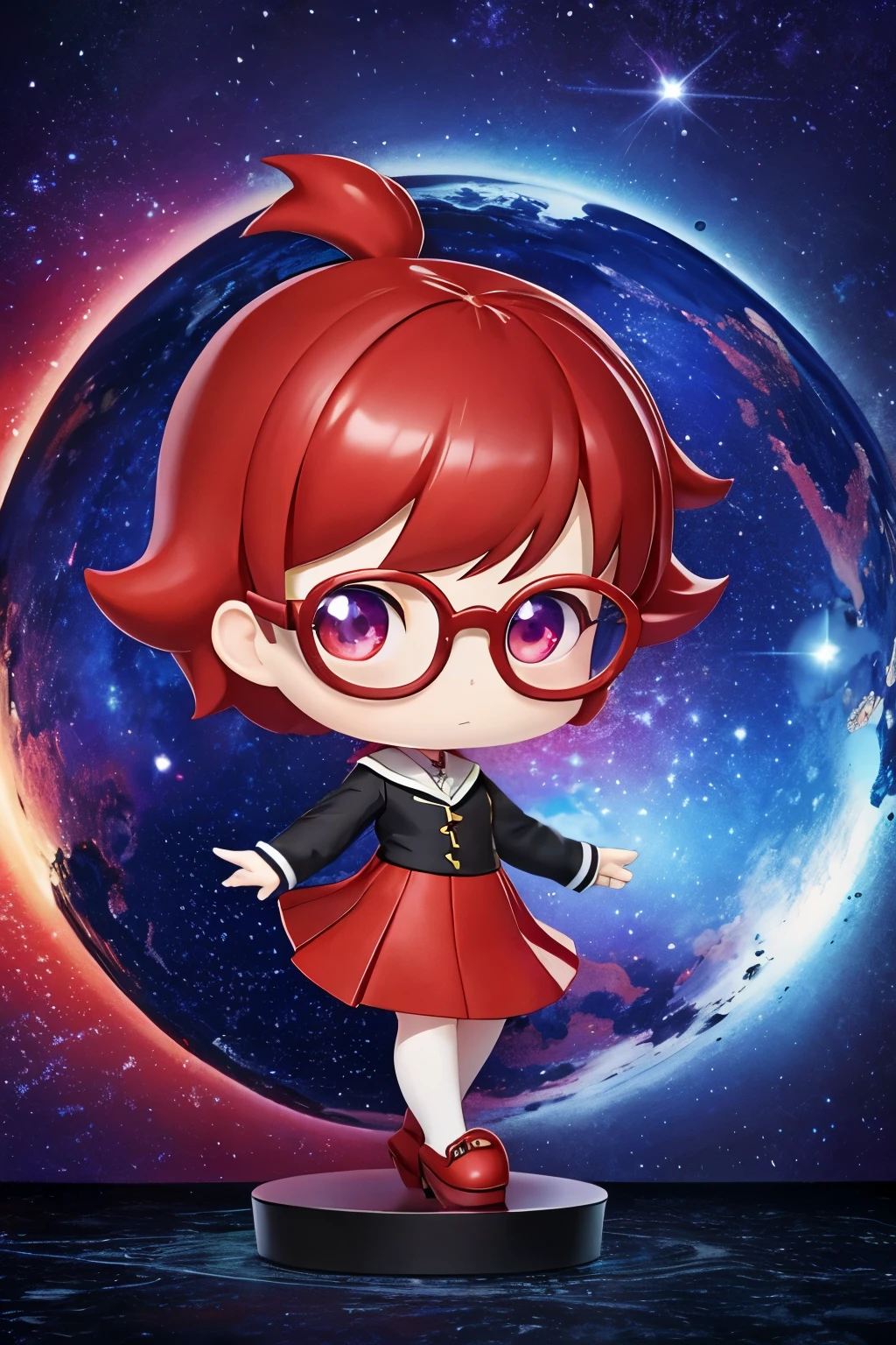 Chibi girl teaching cosmology、red glasses、Galaxy painting on background