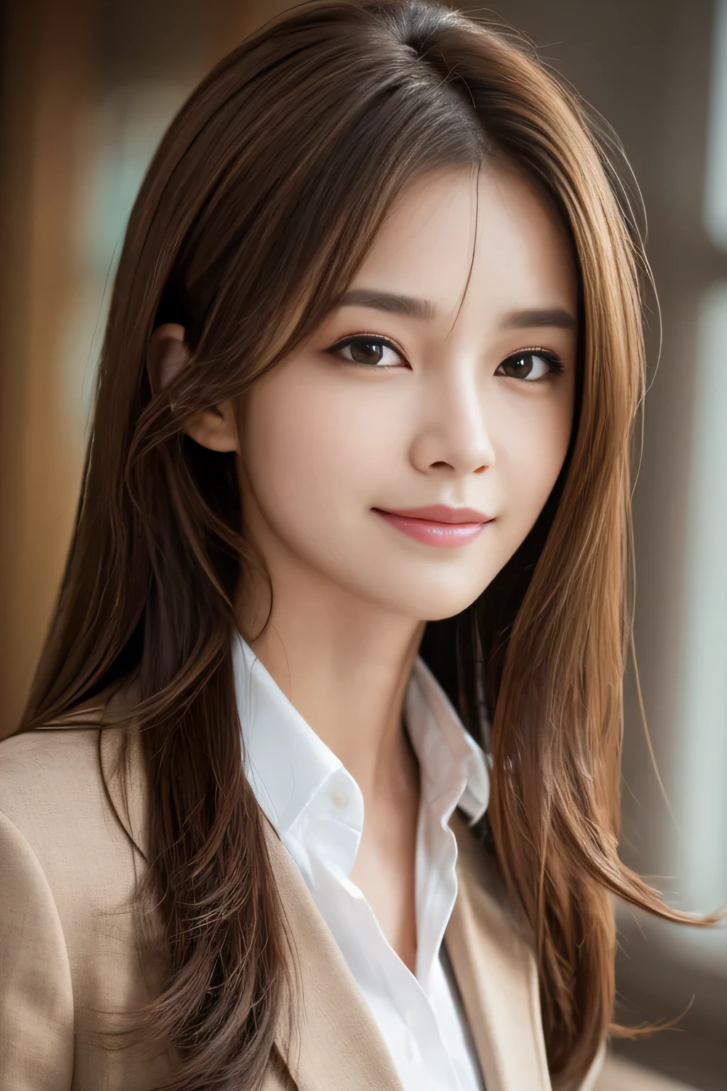 table top, highest quality, realistic, Super detailed, finely, High resolution, 8k wallpaper, 1 beautiful woman,, light brown messy hair, wearing a business suit, sharp focus, perfect dynamic composition, finelyて美しい目, thin hair, Detailed and realistic skin texture, smile, close-up portrait, model body shape