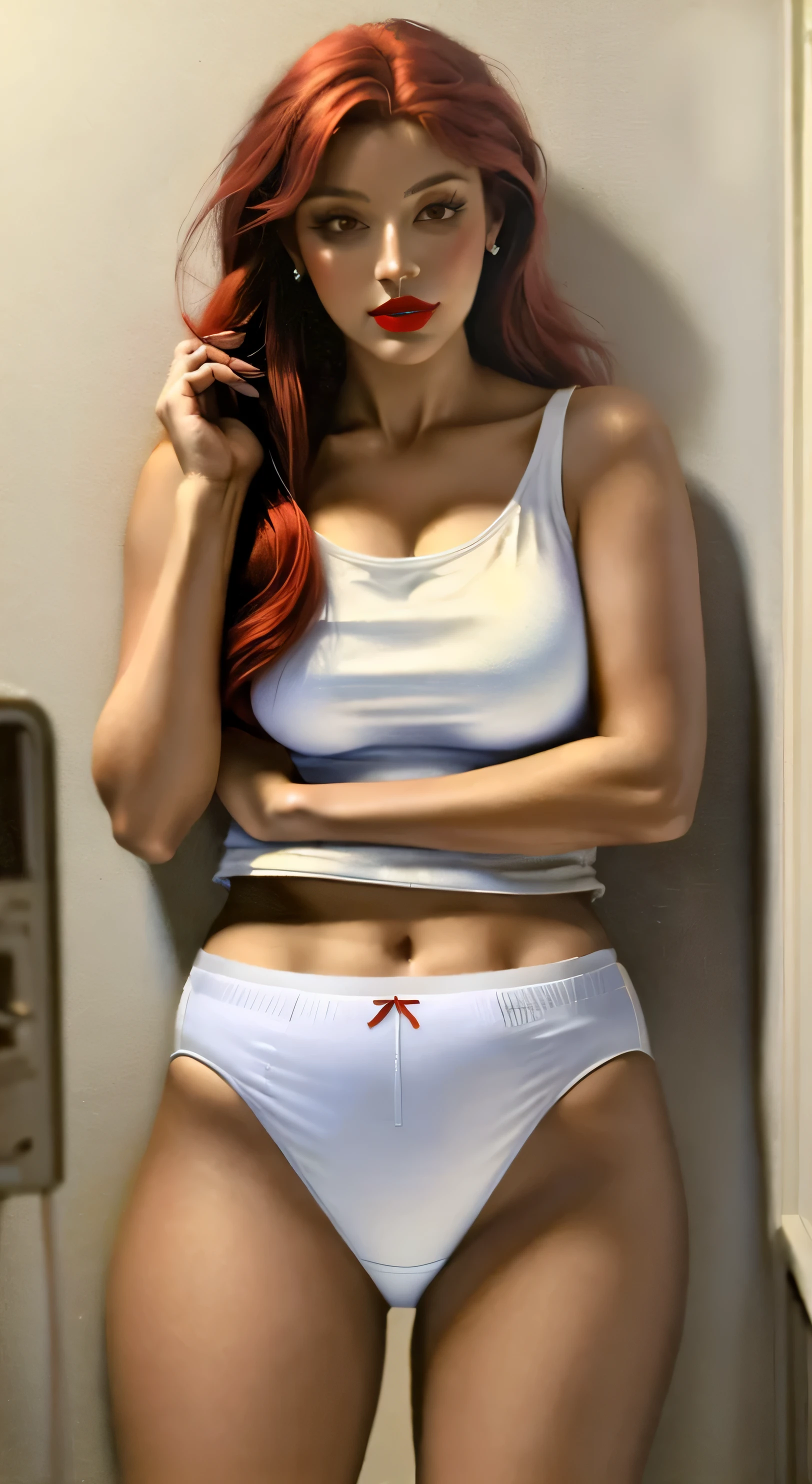 ((((masterpiece, best quality)))), ((33 year old)), (((Curvy))), ((Latina with long red hair)), in ((white tanktop)), ((white high cut panties)), ((Red lipstick)), ((Standing in a messy bathroom)), (((realistic art style)))