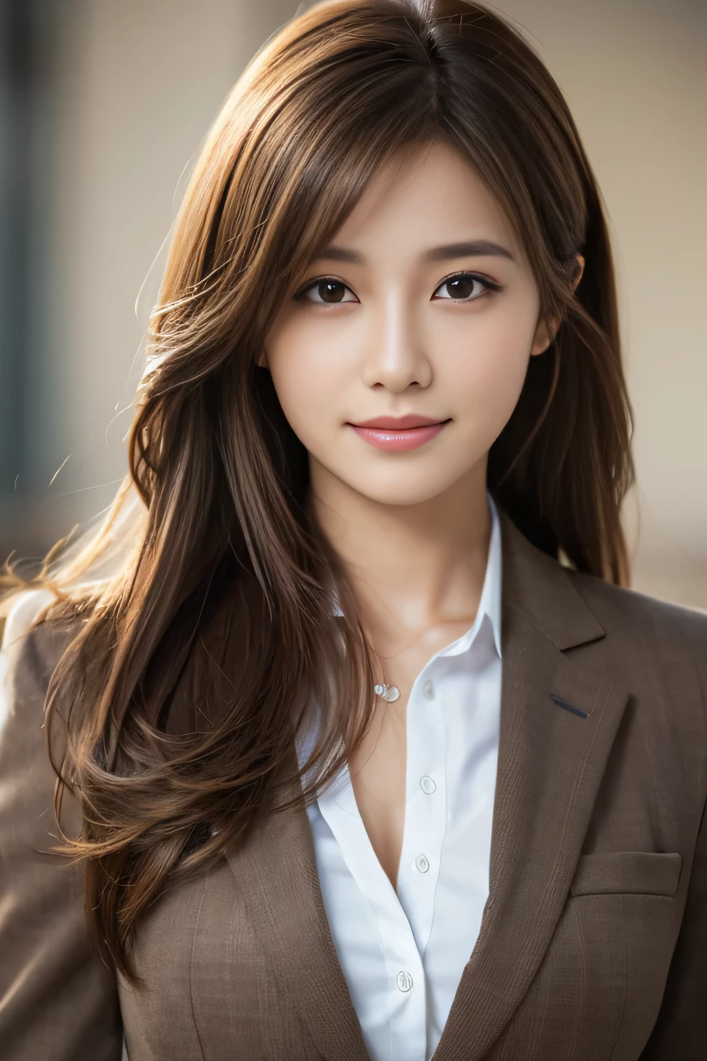 table top, highest quality, realistic, Super detailed, finely, High resolution, 8k wallpaper, 1 beautiful woman,, light brown messy hair, wearing a business suit, sharp focus, perfect dynamic composition, finelyて美しい目, thin hair, Detailed and realistic skin texture, smile, close-up portrait, model body shape