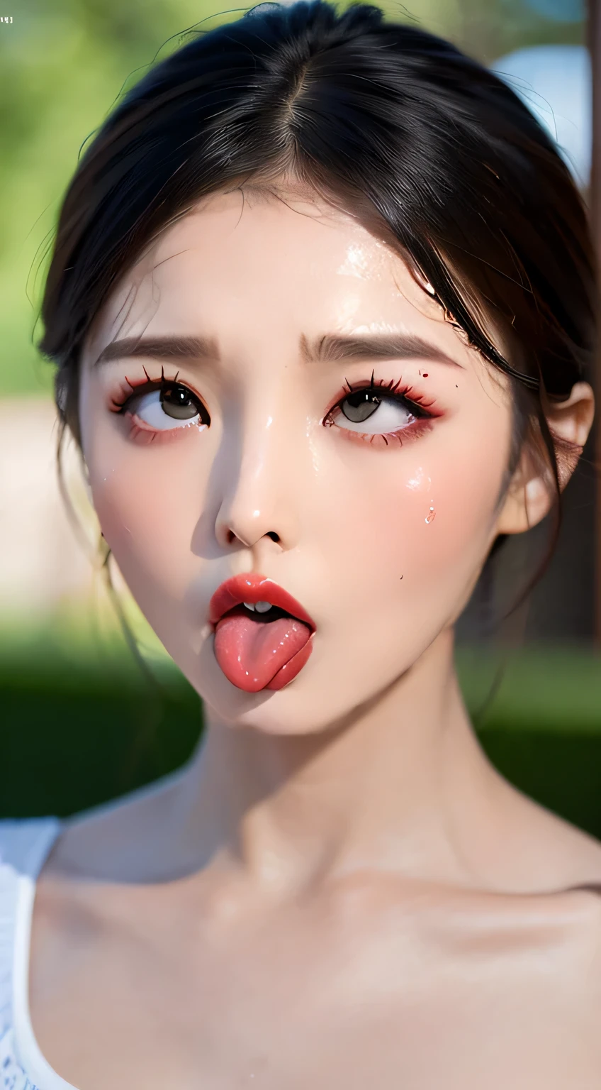 ((stick out a wet tongue))、((half open mouth))、((Glossy red lip gloss))、(The look of waiting for a kiss)