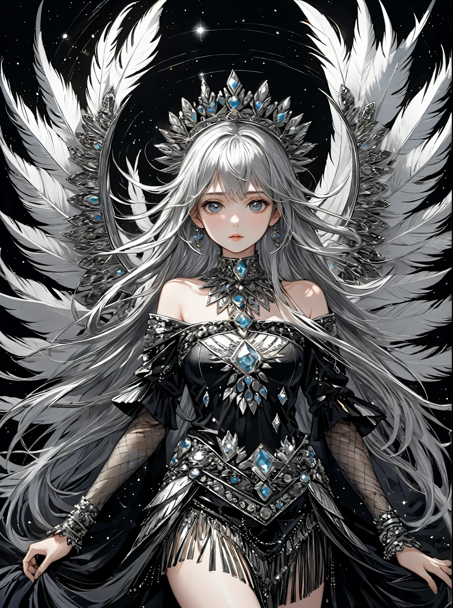 (((masterpiece))),best quality, illustration,(beautiful detailed girl), a girl ,solo,bare shoulders,flat_chst,diamond and glaring eyes,beautiful detailed cold face,very long blue and sliver hair,floaing black feathers,wavy hair,black and white sleeves,gold and sliver fringes,a (blackhole) behind the girl,a silver triple crown inlaid with obsidian,(sit) on the black ((throne)), (depth) of (field)