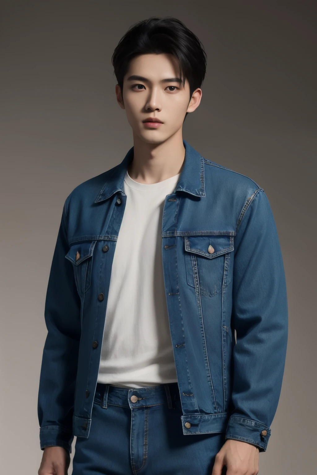 (masterpiece:1.21),(bestquality:1.21),8k,high detailed,ultra-detailed,photography,award winning,documentary,Original Photo,realistic,Ultra detailed digital art masterpiece,slim asian male,tall,thin,handsome,black eyes,glint,1boy,(realistic skin:1.1),(pores:1.21),(high detailed skin:1.21),(pants:1.41),(thin body:1.41),photography,hdr,vibrant,octane render,(8k:1.21),(detailed fingers:1.1),Studio lighting,High resolution scan,physically-based rendering,Cinematic Lighting,shadow,depth of field,(low saturation:1.3),thick eyebrows,denim jacket