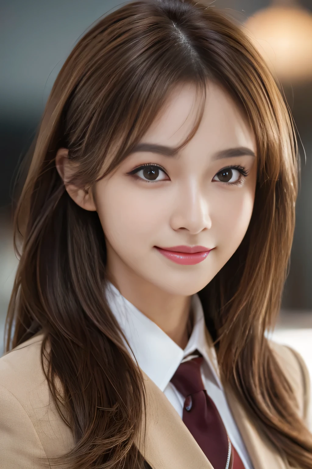 table top, highest quality, realistic, Super detailed, finely, High resolution, 8k wallpaper, 1 beautiful woman,, light brown messy hair, wearing a business suit, sharp focus, perfect dynamic composition, finelyて美しい目, thin hair, Detailed and realistic skin texture, smile, close-up portrait, model body shape
