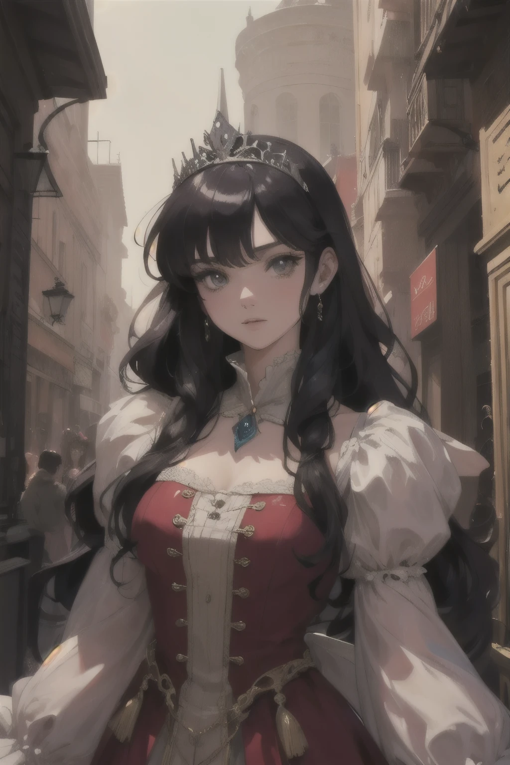 ((best quality)), ((masterpiece)), (detailed), perfect face, female, long hair, curly hair, black hair, beauty and the beast, fantasy princess, tiara, elaborate dress, English Princess, Fae inspired dress, fae inspired tiara, hazel eyes, detailed key anime art, detailed digital anime art