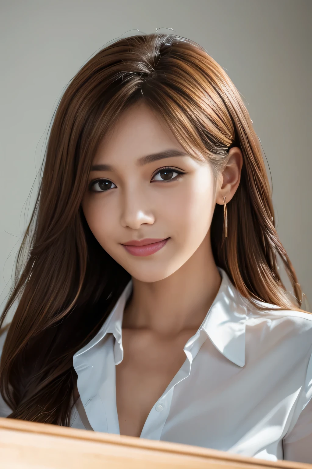 table top, highest quality, realistic, Super detailed, finely, High resolution, 8k wallpaper, 1 beautiful woman,, light brown messy hair, wearing a business suit, sharp focus, perfect dynamic composition, finelyて美しい目, thin hair, Detailed and realistic skin texture, smile, close-up portrait, model body shape