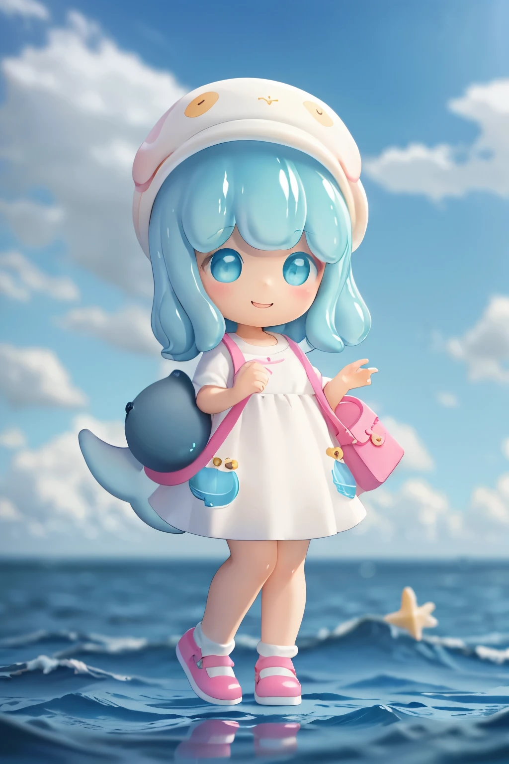 Photoreal、whole body、chibi girl、Reflecting the image of the sea in clothing、Seashell Accessories、smile、cute shoes、whale bag