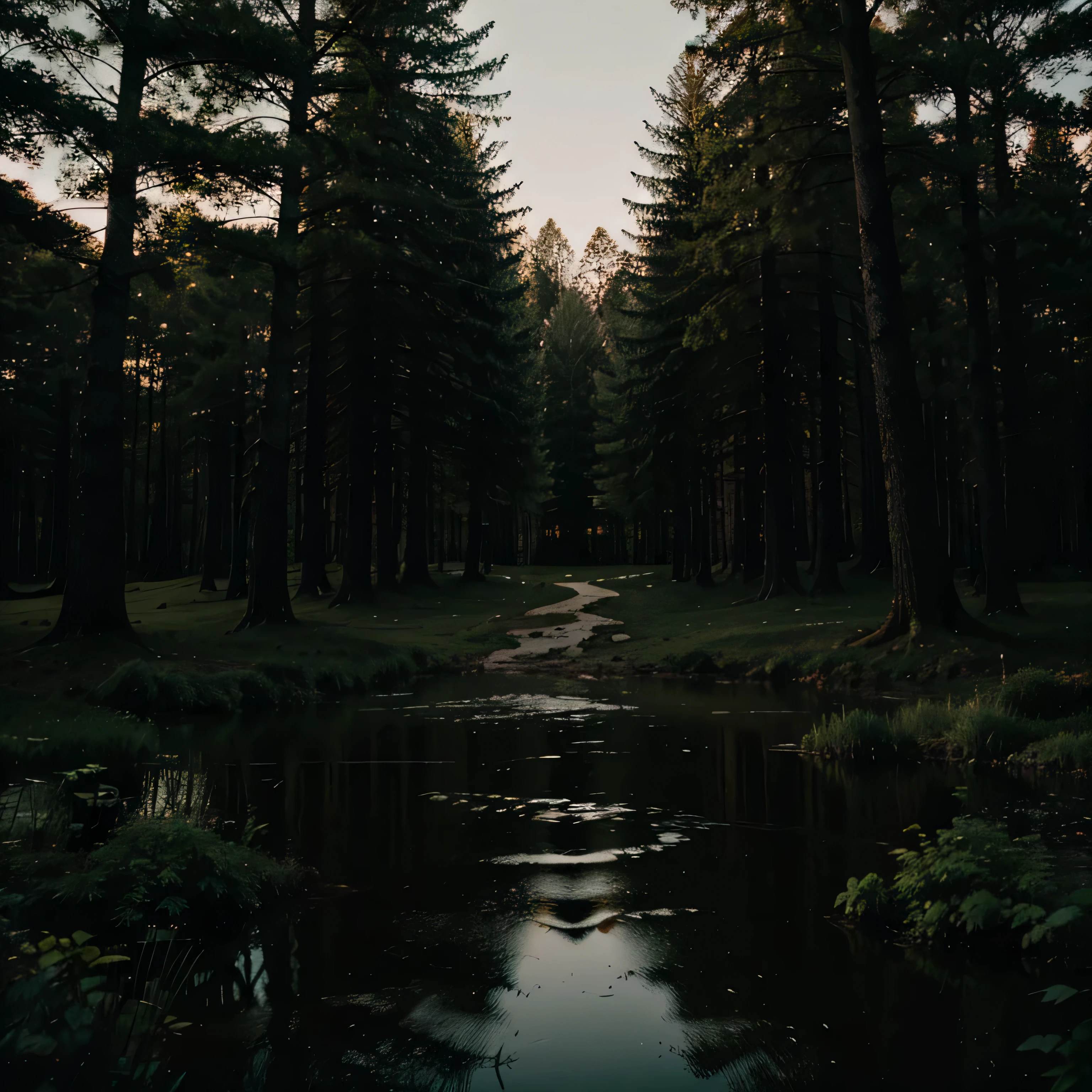 make a landscape in a dark and calm forest