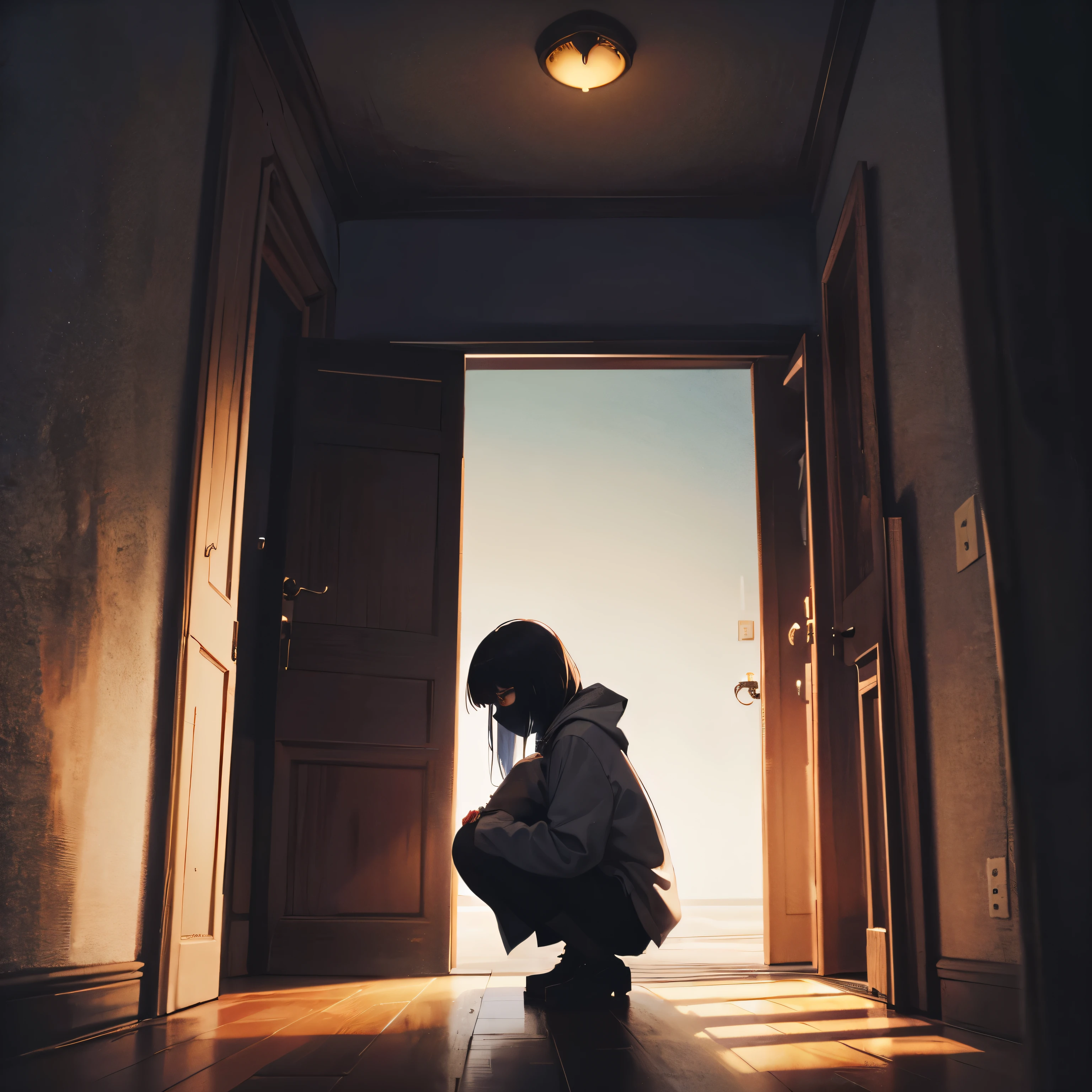 A person squats in a dark corner,Very scared,helpless,Alone,There are only faint lights around,Silently,Slowly reveal a figure or ghostly presence hidden in the shadows。Tension and horror atmosphere。