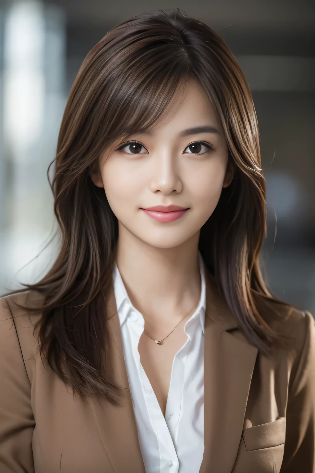 table top, highest quality, realistic, Super detailed, finely, High resolution, 8k wallpaper, 1 beautiful woman,, light brown messy hair, wearing a business suit, sharp focus, perfect dynamic composition, finelyて美しい目, thin hair, Detailed and realistic skin texture, smile, close-up portrait, model body shape
