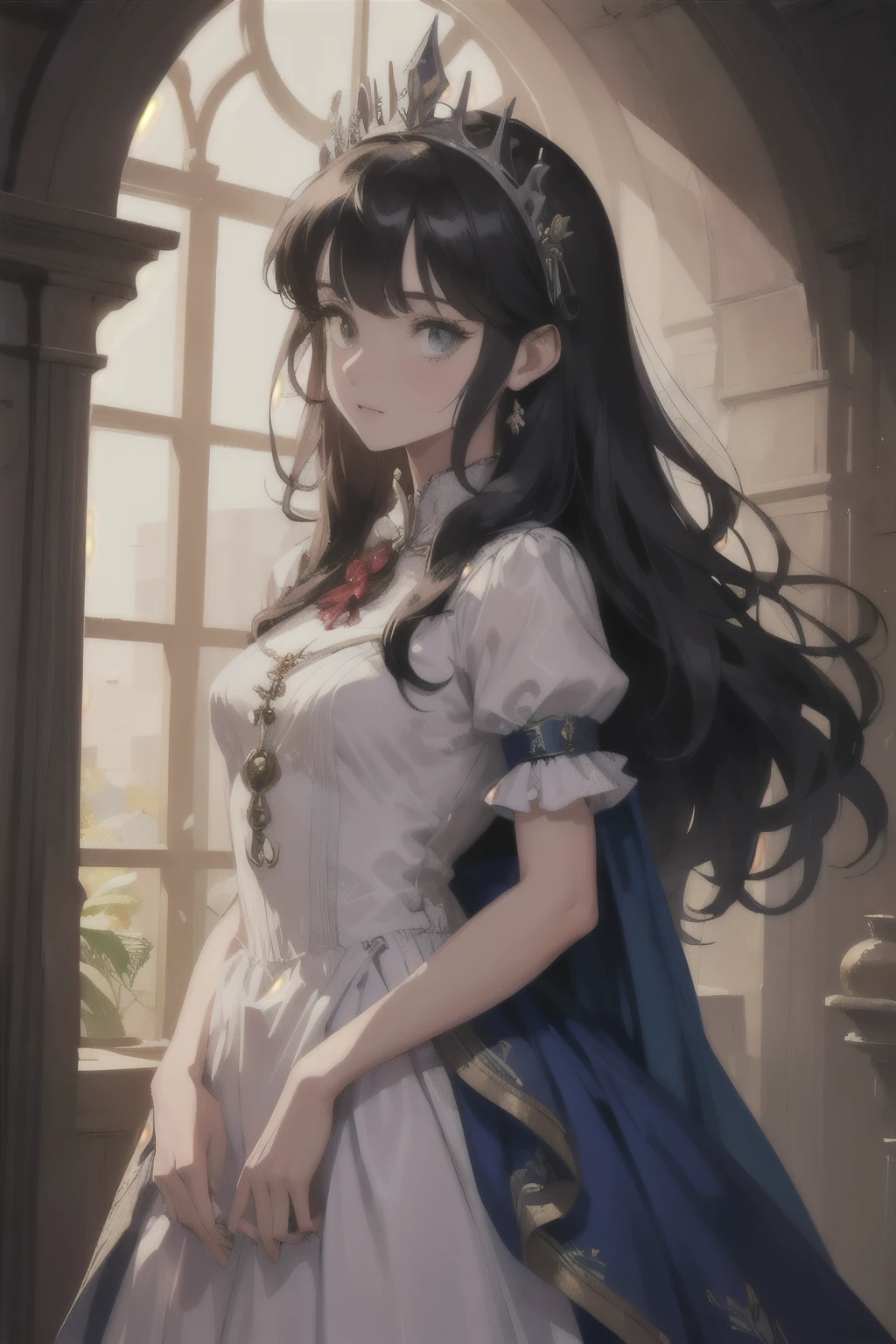 ((best quality)), ((masterpiece)), (detailed), perfect face, female, long hair, curly hair, black hair, beauty and the beast, fantasy princess, tiara, elaborate dress, English Princess, Fae inspired dress, medieval dress, fae inspired tiara, hazel eyes, detailed key anime art, detailed digital anime art