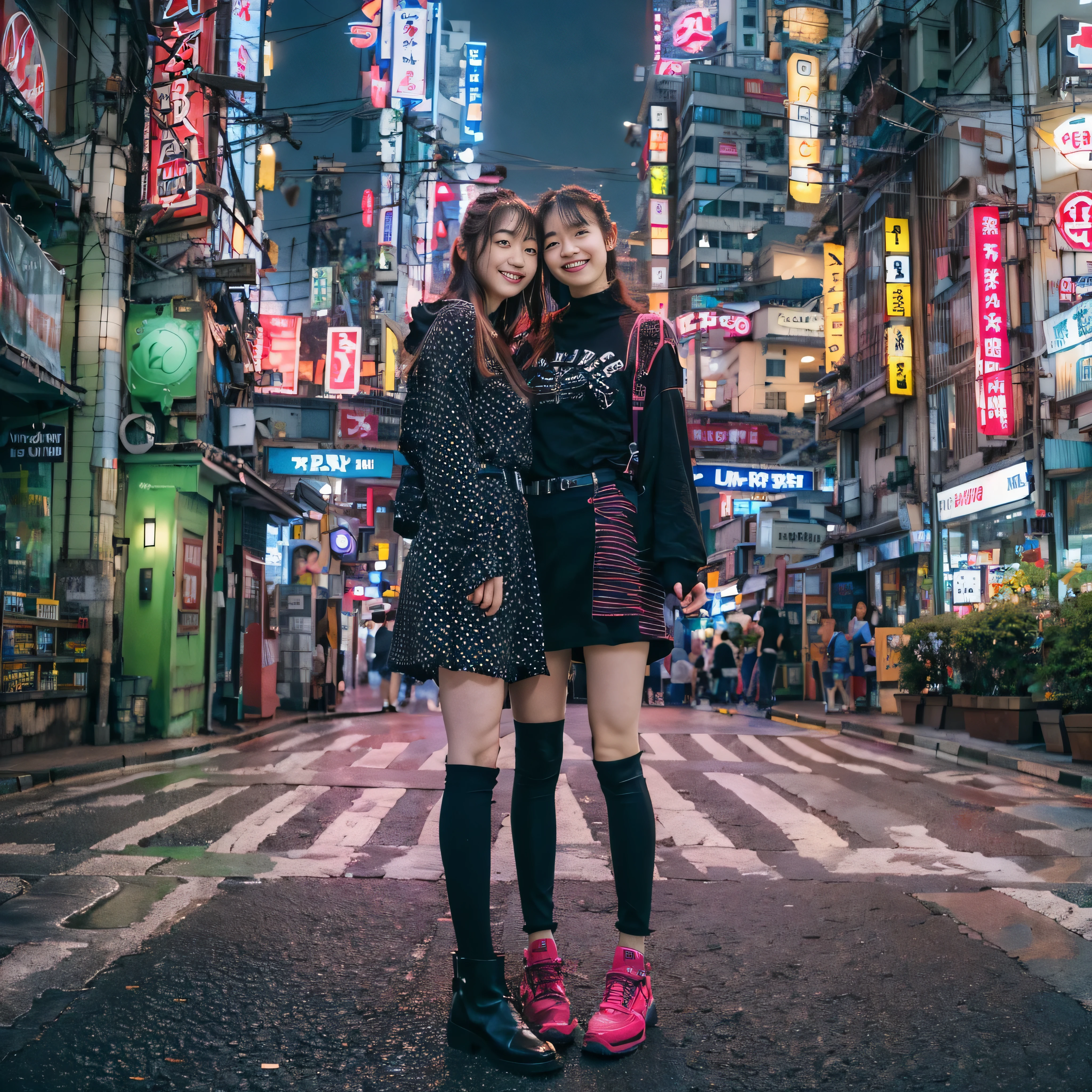 identical twin sisters、close、tokyo street、cityscape、night cityscape、neon street、Full body Esbian、close、laughter、、(8k、RAW photo、highest quality、masterpiece:1.2)、(realistic、Photo realistic:1.37)、Highly detailed eyelash drawing、(((best image quality))),  (perfection Anatomy), (realistic), (dynamic angle), seductive pose,perfection, look、highest quality、High resolution、thin legs、Toyoko、Shinjuku、kabukicho