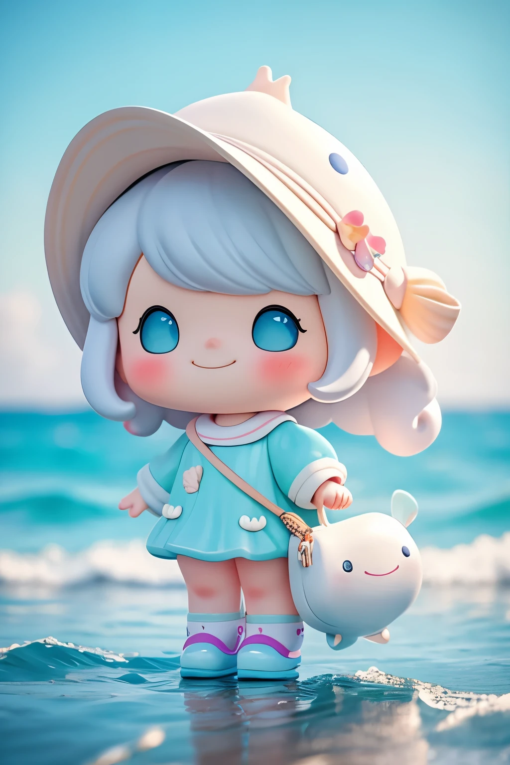 Photoreal、whole body、chibi girl、Reflecting the image of the sea in clothing、Seashell Accessories、smile、cute shoes、whale bag