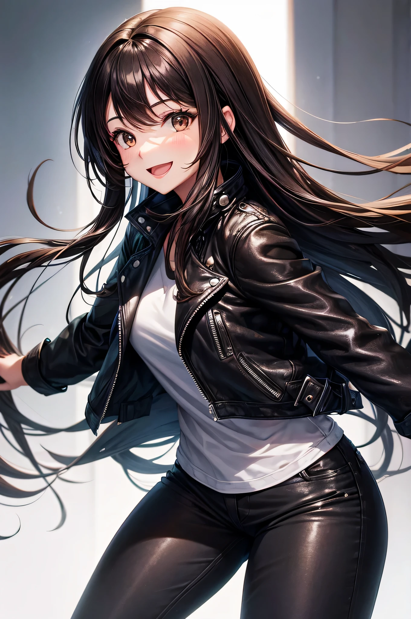 1 girl, white background, high resolution, black long hair, brown leather jacket, black jeans, smiling