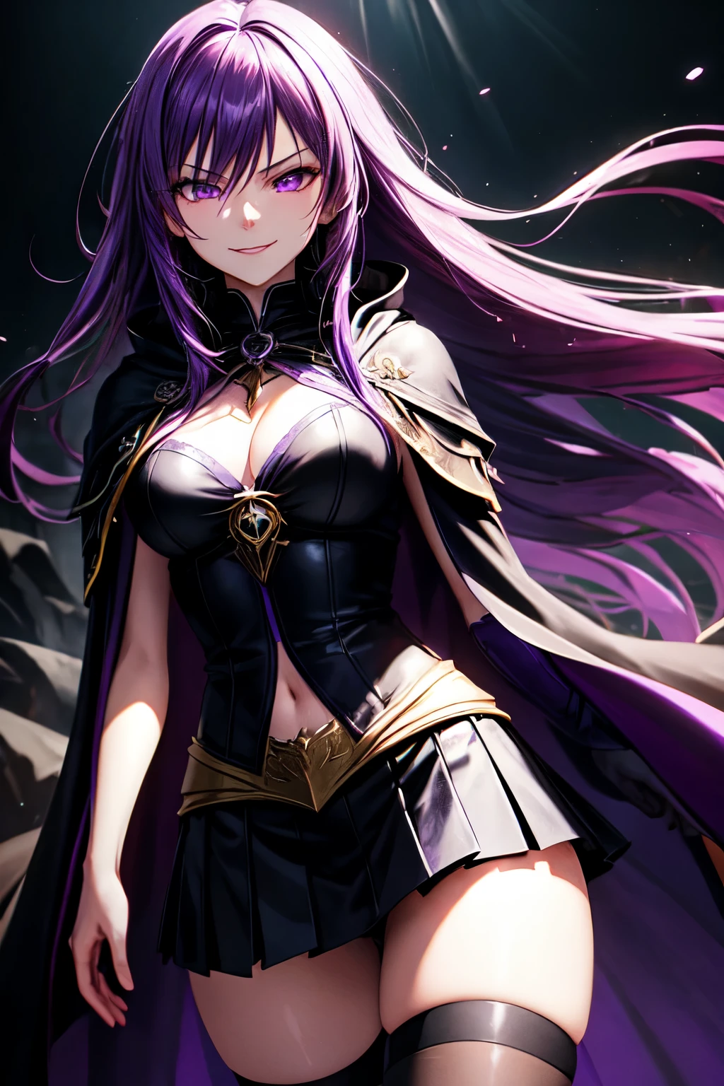 ((best quality)), ((artwork)), (detailed), (mage, long purple hair, flying hair, purple eyes, black and purple cloak, neckline, skirt, thigh high stockings, serious face, evil smile), (night, dark environment, backlight, epic background, particles)