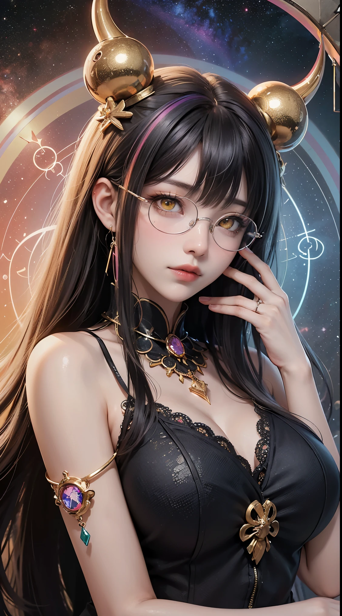 1名 27歳 woman, 1 zodiac goddess from the future, 12 zodiac goddess pink purple, 12 zodiac goddess face sexy thin yellow nightgown, long thin nightgown 12 zodiac many limbs sexy black lace detail, mythical goddess of the 12 zodiacs from the future, zodiac ♏, luxurious glittering zodiac style, dark and mysterious version, zodiac crown, lipstick red lips, thin and beautiful lips, Don't laugh, please keep your mouth shut, Characters created by Karol Baku and Pino Daeni, intricate details, detailed background, very detailed, magic of light, woman, pretty face, ((((giant glasses, otaku glasses, thick glasses, round glasses))))、 looking at the Upper body of the goddess of the zodiac, round chest, big and round chest, phoenix hair brooch, long hair with bangs, (Long hair has seven colors like a rainbow:1.9), Beautifully detailed face and well-proportioned eyes, (clear yellow eyes: 1.8), Big round eyes and very beautiful and detailed makeup, Visionary, long silk nightgowns, mysterious makeup, ブresponseレット, I dyed my side bangs and light yellow., Upper body, (zodiac goddess Upper body: 1.8), hanging arms, リアルで鮮やかなphotograph, (stars that make up the zodiac: 1.7), ( sky zodiac and fictitious space and time portal: 1.8), fiction art, RAWphotograph, 漢服のphotograph, 最高のphotograph , expensive_response, highest quality, 最高のphotograph, 8K quality, 8K Ultra , surrealism, 最も経済的な本物のphotograph, artistic portrait of 12 zodiac signs, 1 symbol of 12 zodiac signs behind, single portrait of 12 zodiac goddess, most realistic color scheme, 最高のphotograph color, masterpiece, hair ornaments, ネックresponse, jewelry, beautiful face, Upper body, Tyndall effect, photographのようにリアルな, Dark studio, border light, two tone light, (fine skin) expensive: 1.2), 8k UHD, Digital single-lens reflex camera, soft light, expensive quality, volume light, Frank, photograph, expensive responseolution, 4K quality, 8k, Bokeh, smooth and sharp, 10x more pixels, Charming zodiac goddess, sexy zodiac goddess, (background space: 1.8), (milky way: 1.7), aurora, lightning, (auroraの背景: 1.8) <roller:crazy_perfect eyes_v1_from_v1_, beautiful goddess and flowers,