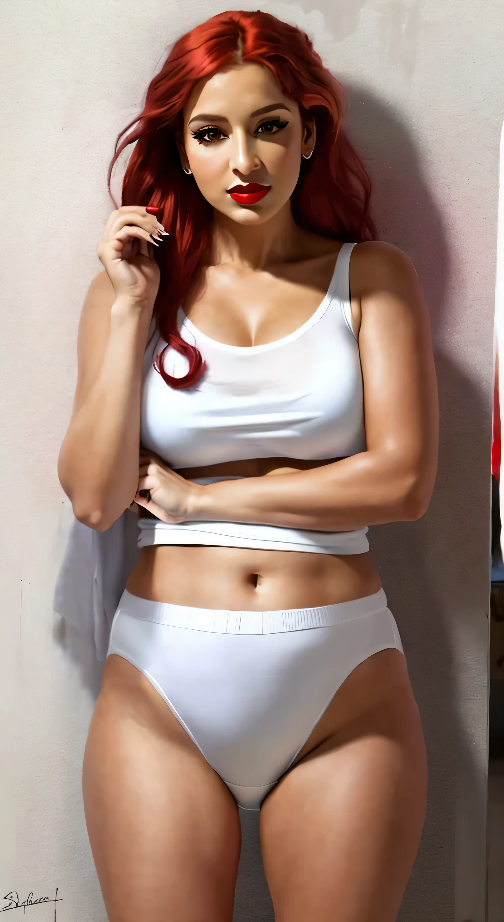 ((((masterpiece, best quality)))), ((33 year old)), (((Curvy))), ((Latina with long red hair)), in ((white tanktop)), ((white high cut panties)), ((Red lipstick)), ((Standing in a messy bathroom)), (((realistic art style)))