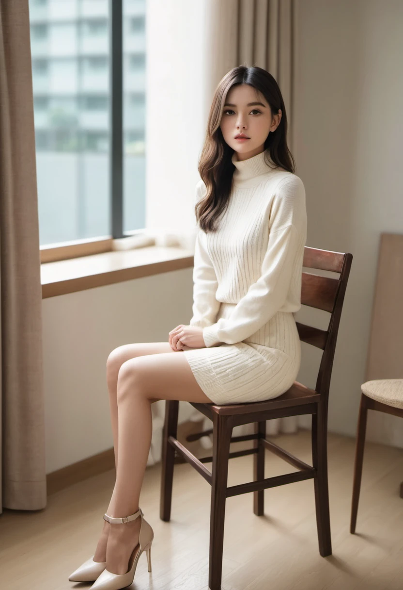 Perfect fit knit dress、super mini skirt、body silhouette、Cool and beautiful woman in her 20s、full body shot、Sexy pose sitting on a chair