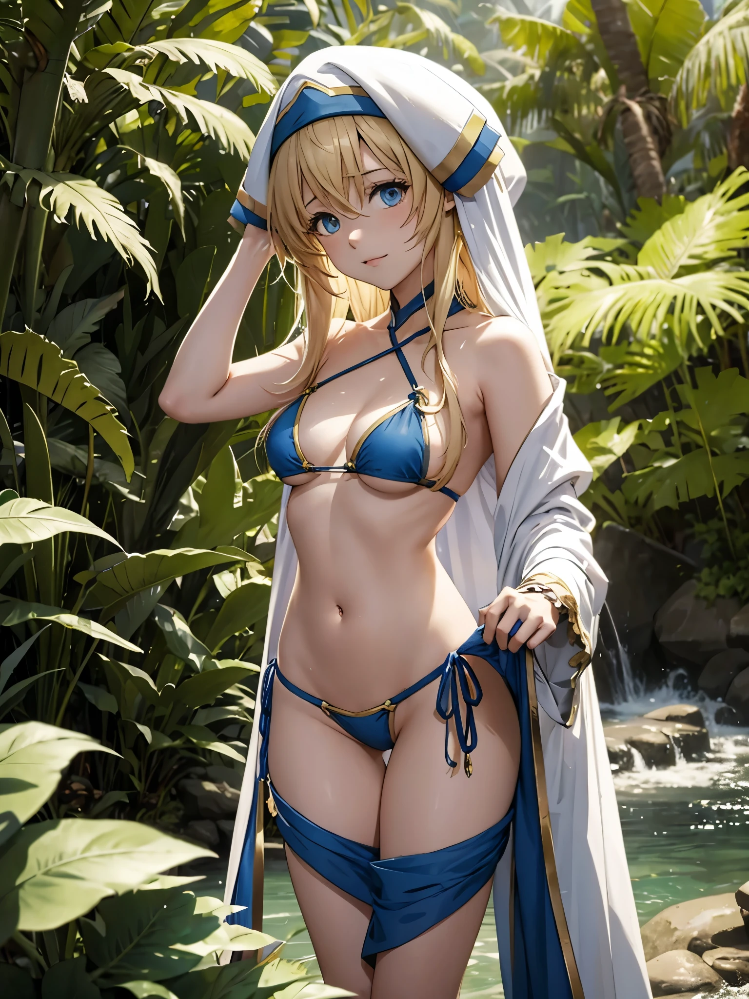 Goblin Slayer show priestess standing in the jungle wearing bikini cloth