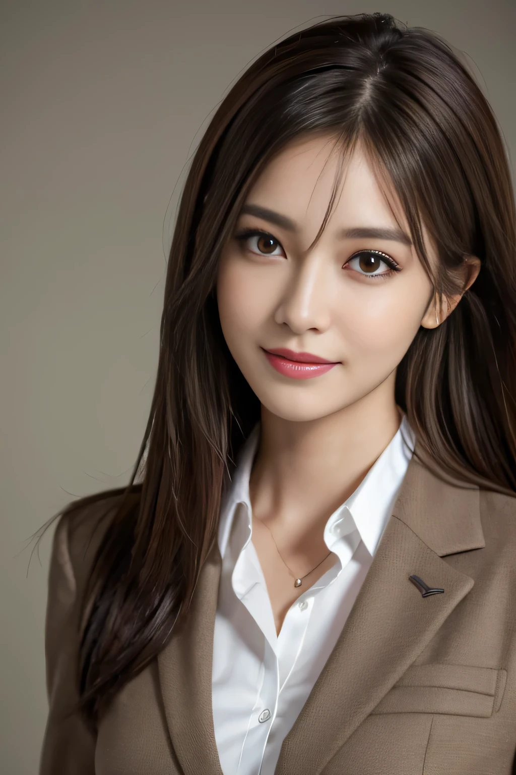 table top, highest quality, realistic, Super detailed, finely, High resolution, 8k wallpaper, 1 beautiful woman,, light brown messy hair, wearing a business suit, sharp focus, perfect dynamic composition, finelyて美しい目, thin hair, Detailed and realistic skin texture, smile, close-up portrait, model body shape