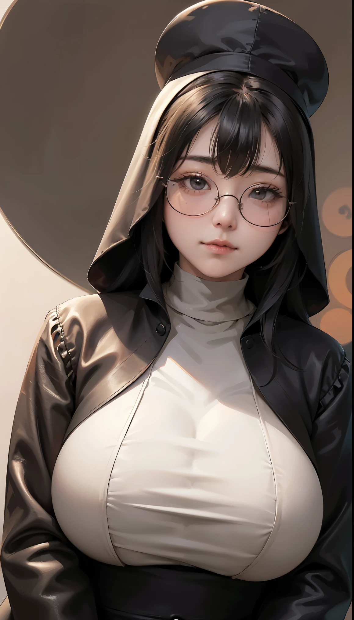 (1 girl:1.3)、solo、__body parts__、official art、unity 8k wallpaper、super detailed、Cosmetology and aesthetics、big breasts beautiful、master piece、best quality、fantastic atmosphere、calm color palette、feeling calm、soft shades、sexy nun、、 ((((giant glasses, otaku glasses, thick glasses, round glasses)))),(((big breasts)))、charisma spell、vignette、Duties of a nun、look at the camera,light smile,the biggest:1.4