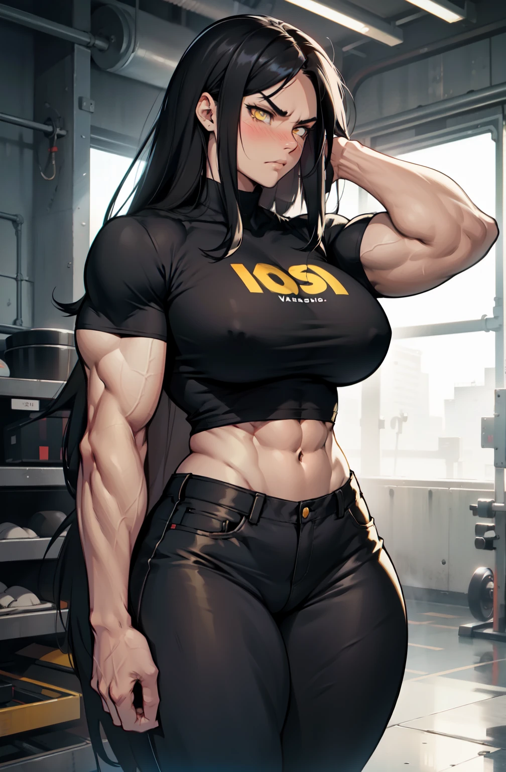 1girl, extremely long hair, solo, ((muscular)), veins, black hair, yellow eyes, blushing, thick thighs, pale skin, strong, veins, abs, big thighs, huge breasts, navel, standing, angry, tight pants, tight shirt, thick thick thick thick thick thick 