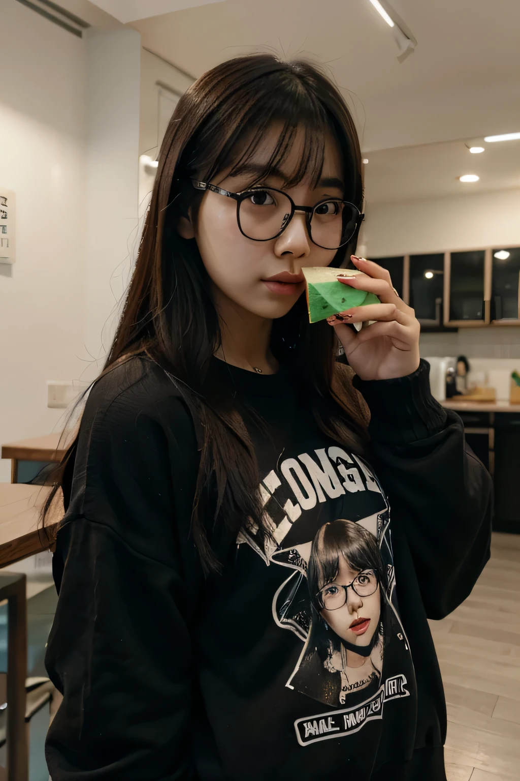 Korean girl eating a melona ice cram bar. Young Korean girl, glasses, tattoos, black sweater, dark brown hair, emo,
