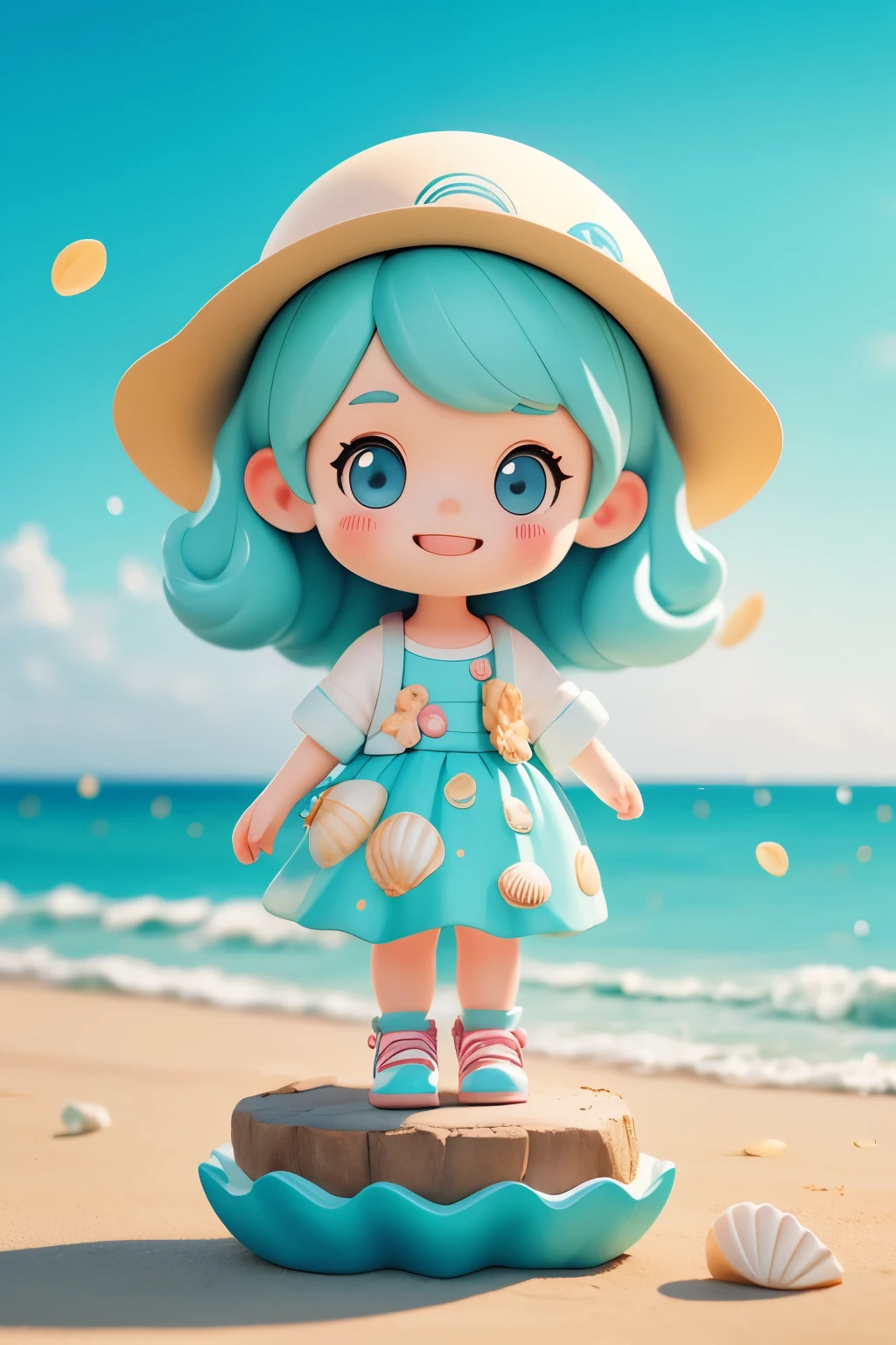 Photoreal、whole body、chibi girl、Clothes with sea scenery printed on them、Seashell Accessories、smile、cute shoes