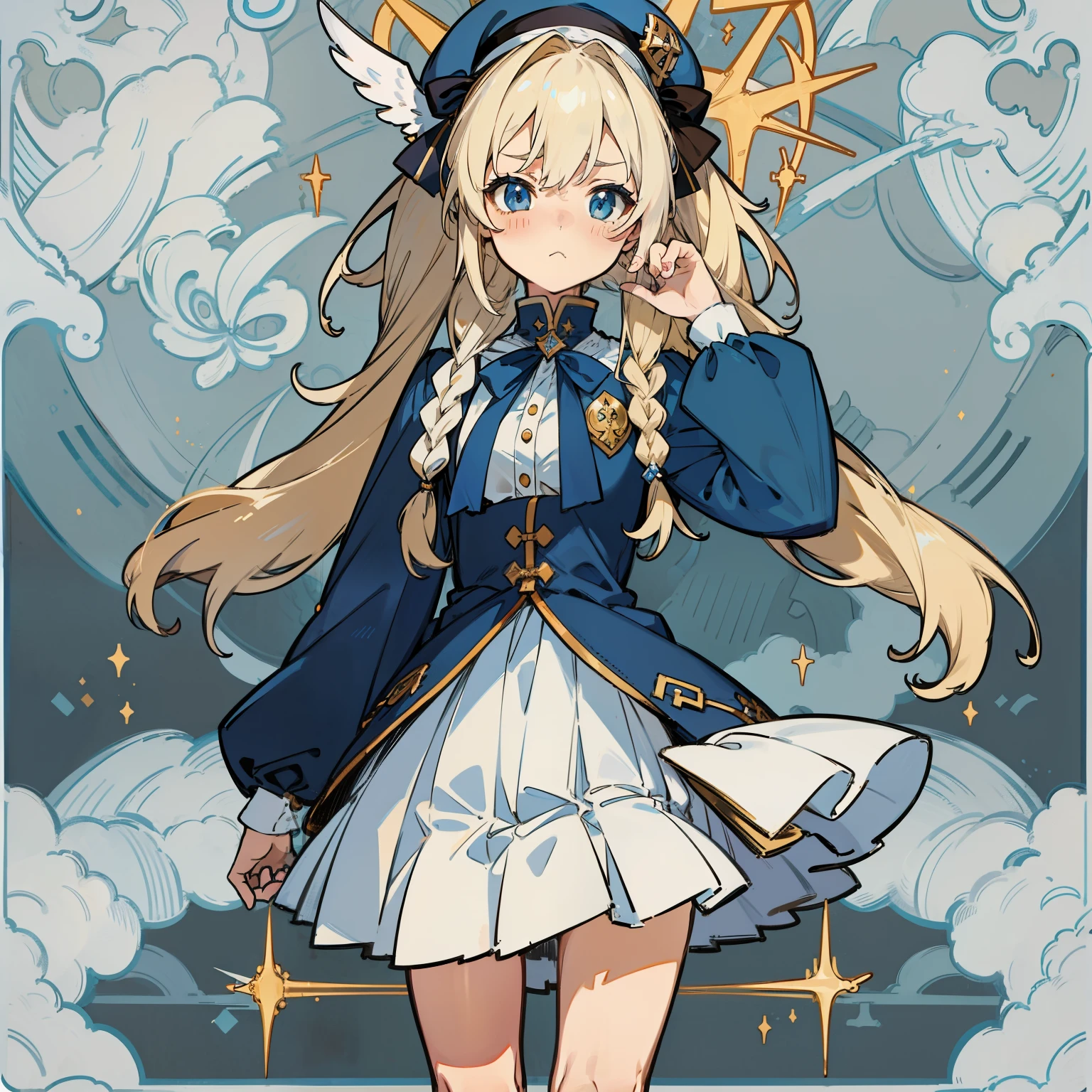 (animesque:1.3), (fantasy background) Extreme refinement, 1girl in、tsundere look、scowl, A pure girl, plain white dress, military style, blue accents, gold hardware, short pleated skirt, mini skirt, mage outfit, Lolita, military Lolita, miniskirt, beret, blue accents, babydoll dress, long wavy hair, blonde hair, platinum hair, pigtails, braided pigtails, blue eyes, innocent, pure, angelic shoujo, 2000’s anime style() ( body) (very thin) (no curves)