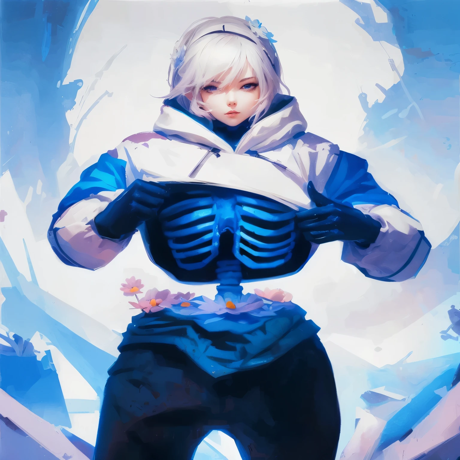 anime - style painting of a woman with a skeleton in a blue outfit, inspired by Leng Mei, rossdraws digital painting, rossdraws cartoon vibrant, rossdraws sakimimichan, rossdraws 2. 5, :: rossdraws, freezing blue skin, rossdraws 2. 0, 2b, 2 b, rossdraws 1. 0, anime styled digital art