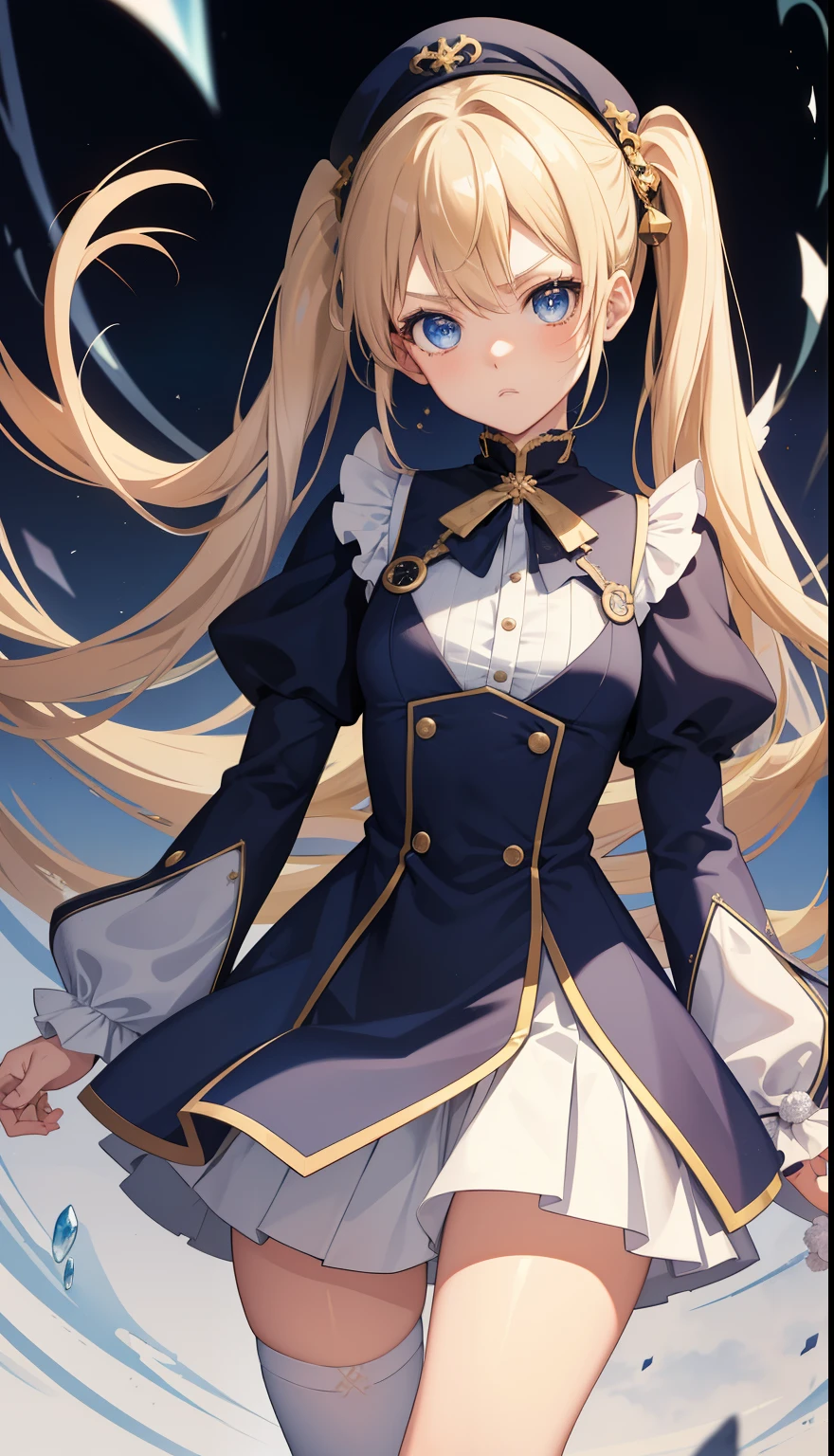 (animesque:1.3), (cover-style:1.3)Extreme refinement, 1girl in、tsundere look、scowl, A pure girl, plain white dress, military style, blue accents, gold hardware, short pleated skirt, mage outfit, ta, military Loliminiskirt, beret, blue accents, babydoll dress, long wavy hair, blonde hair, platinum hair, pigtails, braided pigtails, blue eyes, innocent, pure, angelic shoujo, 2000’s anime style() ( body) (very thin) (no curves)
