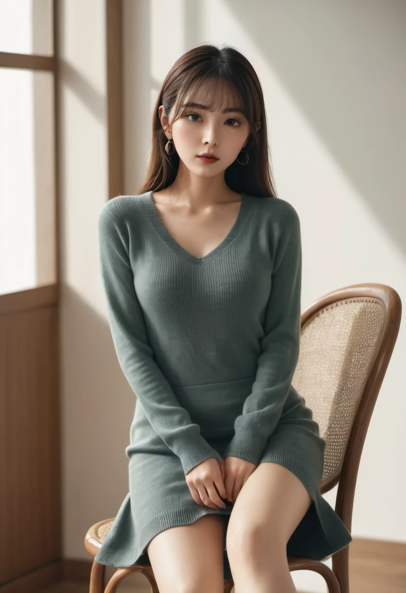 (masterpiece, best quality, high resolution), He trained four (Shinobi), Cyan cardigan, sweater, dark_green_shirt,mini skirt, permanent, Open your clothes, Solitary,