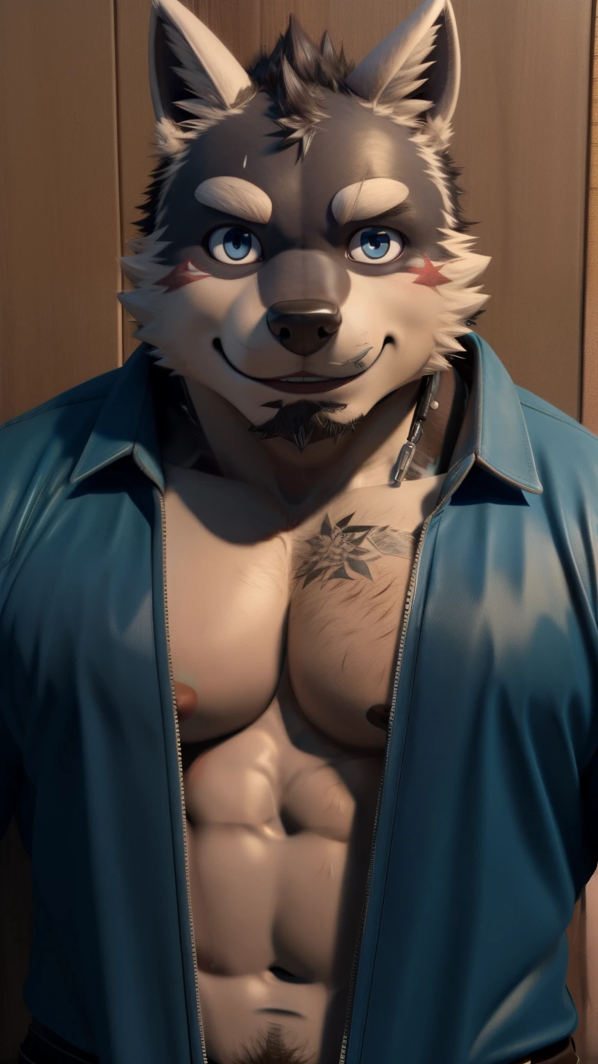Kuugo alone in Japan wearing a headset, a blue jacket and a random outfit looking at the hairy viewer, a hot, sexy and toned body, pumped up, muscular with tattoos on his chest