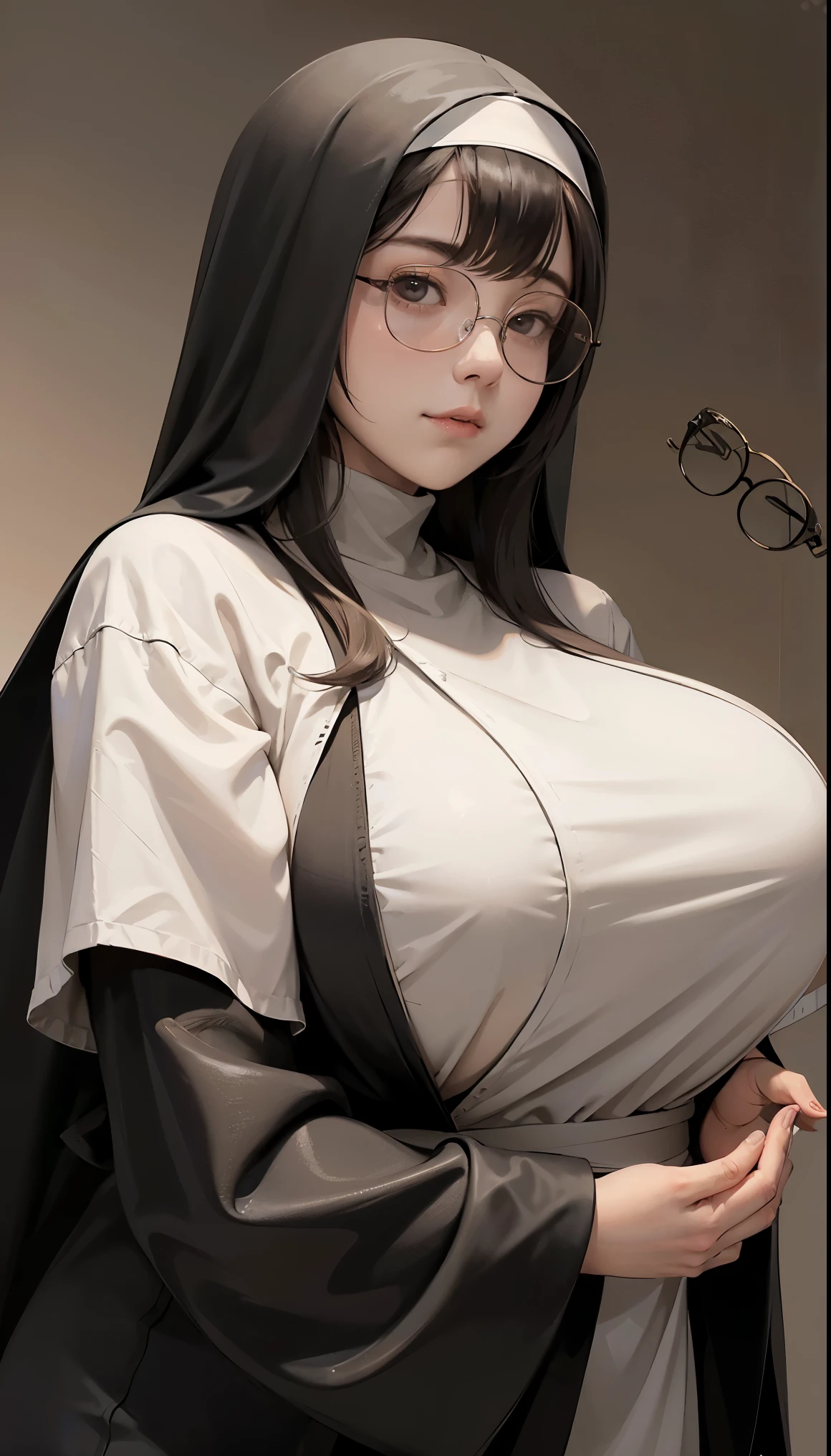 (1 girl:1.3)、solo、__body parts__、official art、unity 8k wallpaper、super detailed、Cosmetology and aesthetics、big breasts beautiful、master piece、best quality、fantastic atmosphere、calm color palette、feeling calm、soft shades、sexy nun、 ((((giant glasses, otaku glasses, thick glasses, round glasses)))),(((big breasts)))、charisma spell、vignette、Duties of a nun、look at the camera，light smile，the biggest：1.4