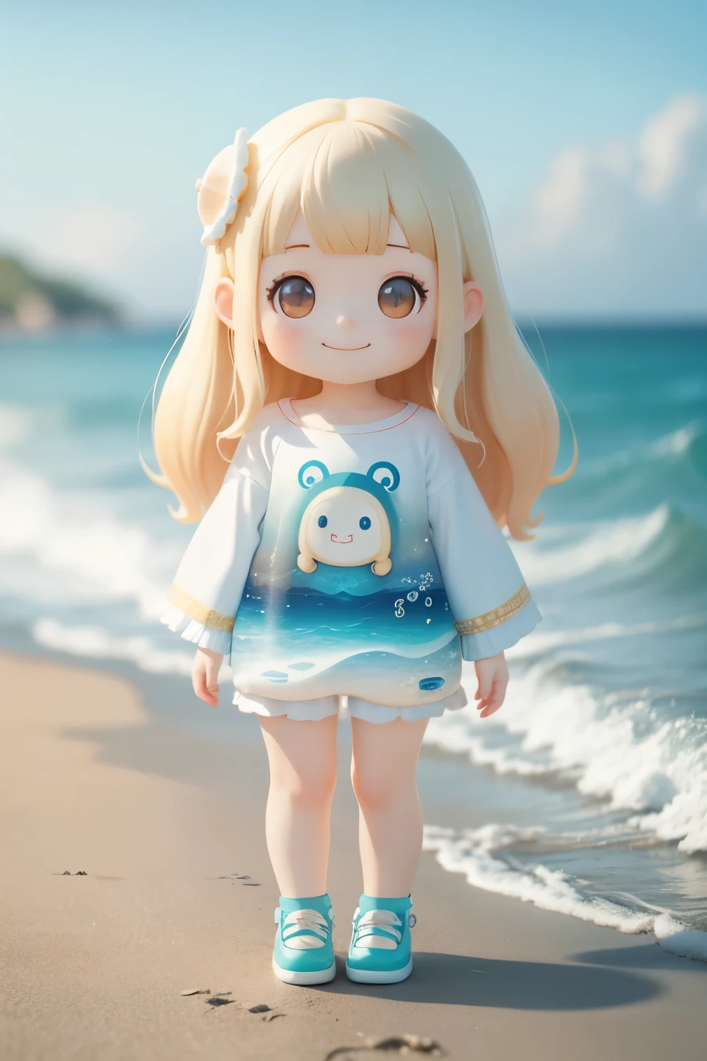 Photoreal、whole body、chibi girl、Clothes with sea scenery printed on them、Seashell Accessories、smile、cute shoes