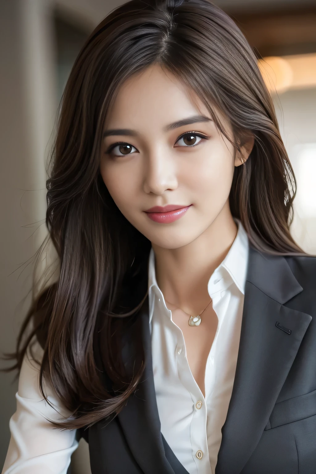 table top, highest quality, realistic, Super detailed, finely, High resolution, 8k wallpaper, 1 beautiful woman,, light brown messy hair, wearing a business suit, sharp focus, perfect dynamic composition, finelyて美しい目, thin hair, Detailed and realistic skin texture, smile, close-up portrait, model body shape