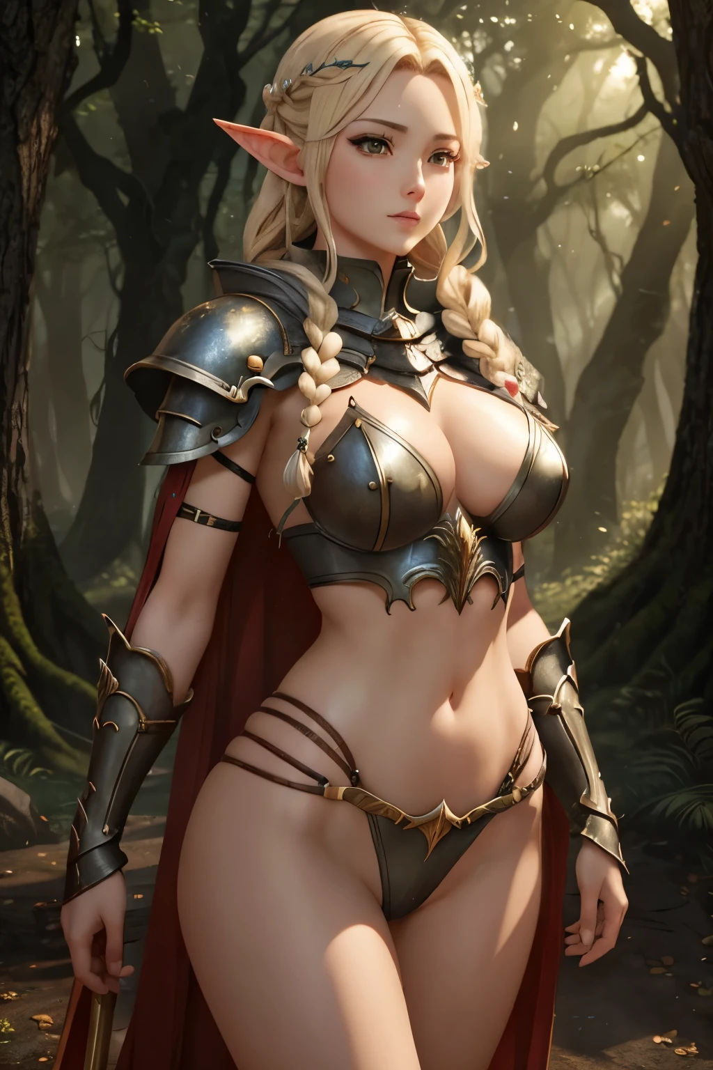 Beautiful Alluring female elf knight, Mythology Theme, Fantasy Theme, fair Skin, fair long blond braided hair, a cup size extremely small breasts, Inside A magical forest, Barely Clothed, bikini armor, Beautiful D&D Character Portrait, Beautiful Fantasy, Detailed, Digital Art, Extreme Detail, Polished, Beautiful, Hyperdetailed, Intricate, Elaborate, Meticulous, Anime Character, Detailed, Anime Face, Sharp Focus, Unreal Engine, 3d Rendered, Volumetric Lighting, Reflections, Glossy, Digital Illustration, Sensual Pose, Suggestive Pose, Full Body Shot, small perky breasts, anatomically correct 💖❤💕💋❣