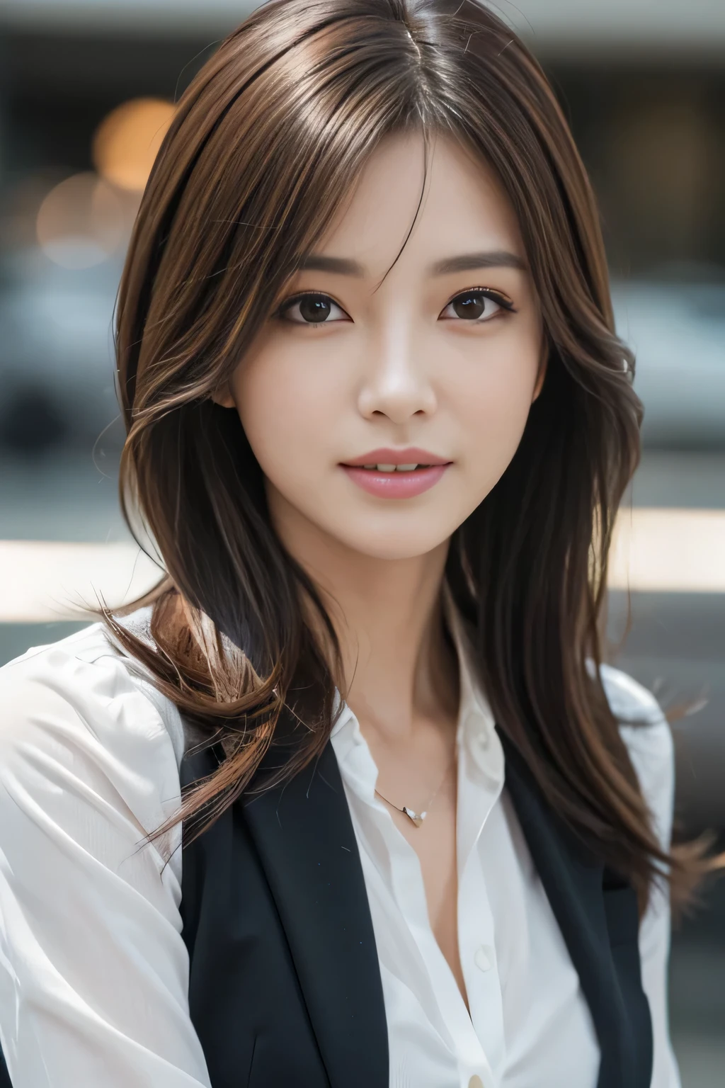 table top, highest quality, realistic, Super detailed, finely, High resolution, 8k wallpaper, 1 beautiful woman,, light brown messy hair, wearing a business suit, sharp focus, perfect dynamic composition, finelyて美しい目, thin hair, Detailed and realistic skin texture, smile, close-up portrait, model body shape