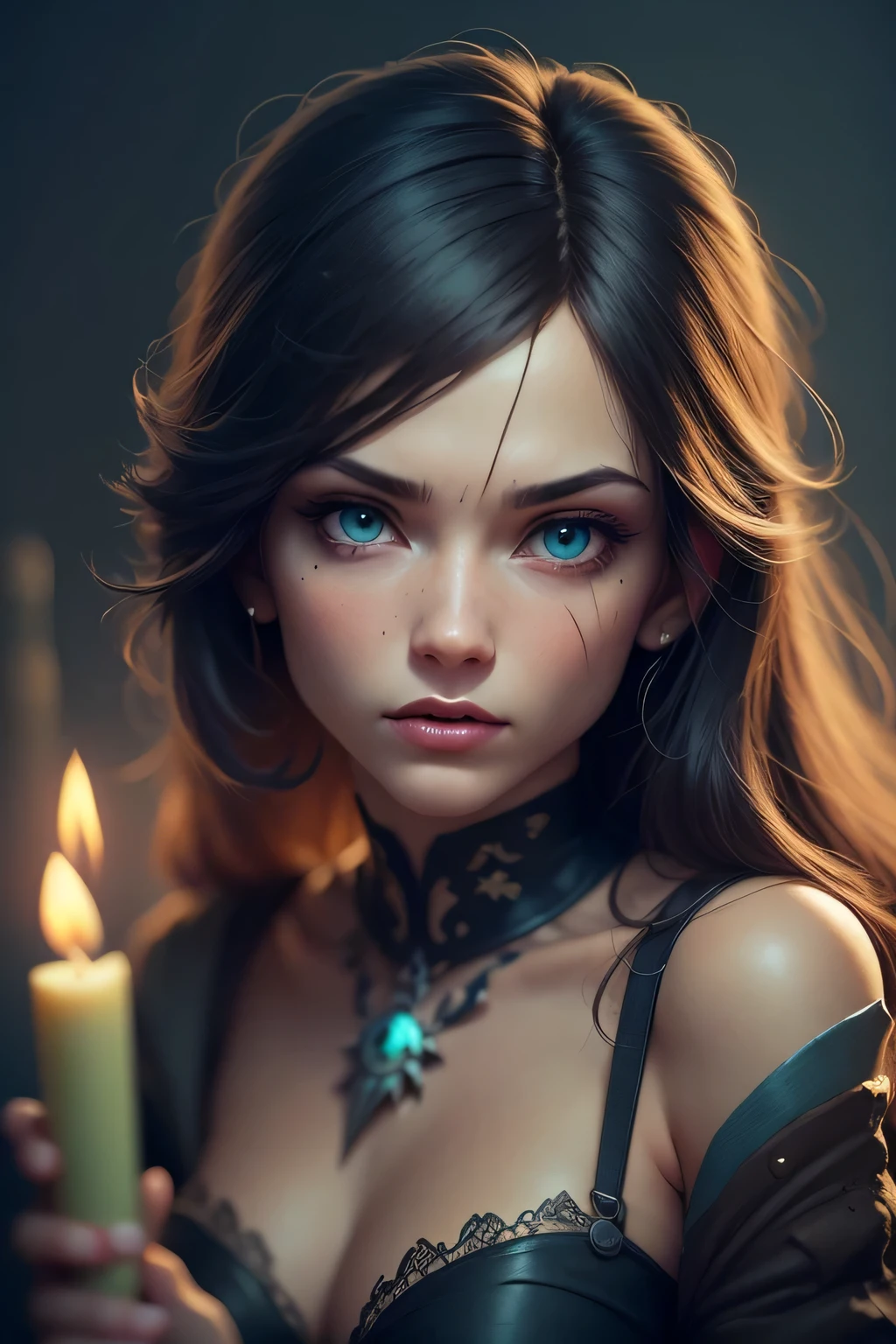 Generate a full-body image of a Beautiful witch girl, 18 years old, fit and attractive body standing in the center of a dark and foreboding location. The necromancer's eyes must have a completely white iris, level of detail 1.2. Her face must display a mixture of sensuality and demonic expression. The necromancer's skin should be pale and dead, contrasting with the dark environment. Surrounding the necromancer is a shadowy landscape of rotting, dismembered bodies rising from the earth, souls of the dead, and candles illuminating the symbols of dark magic, detail level 1.2. using advanced rendering and modeling techniques. Use the following software for creation: 3DS Max, SketchUp, SolidWorks, AutoCAD, Blender, Vectary, MeshMixer, and Unreal Engine 5. Apply photon mapping, radiosity, and physical rendering techniques with automatic white balance for realistic lighting. Create a cinematic lighting setup with a slightly heightened twilight effect. Make sure the final image has a soft focus effect but remains ultra-detailed and realistic. Artwork should not be based on a specific photograph. Evoke a sense of technology and high-quality craftsmanship, reminiscent of a masterpiece of illustration and CG art. Include elements of unity, wallpaper and official art in the composition. It presents fine details, extreme delicacy and beauty, with sharp focus and a high level of detail. Render woman's hair with detailed bangs. Render the final image with a black background and a plain background. Do not include watermarks or text overlays in the generated image.