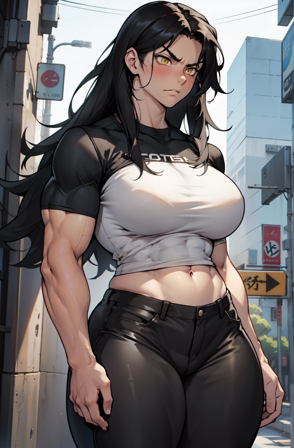 1girl, extremely long hair, solo, ((muscular)), veins, black hair, yellow eyes, blushing, thick thighs, pale skin, strong, veins, abs, big thighs, huge breasts, navel, standing, angry, tight pants, tight shirt, ((thick thick thick))