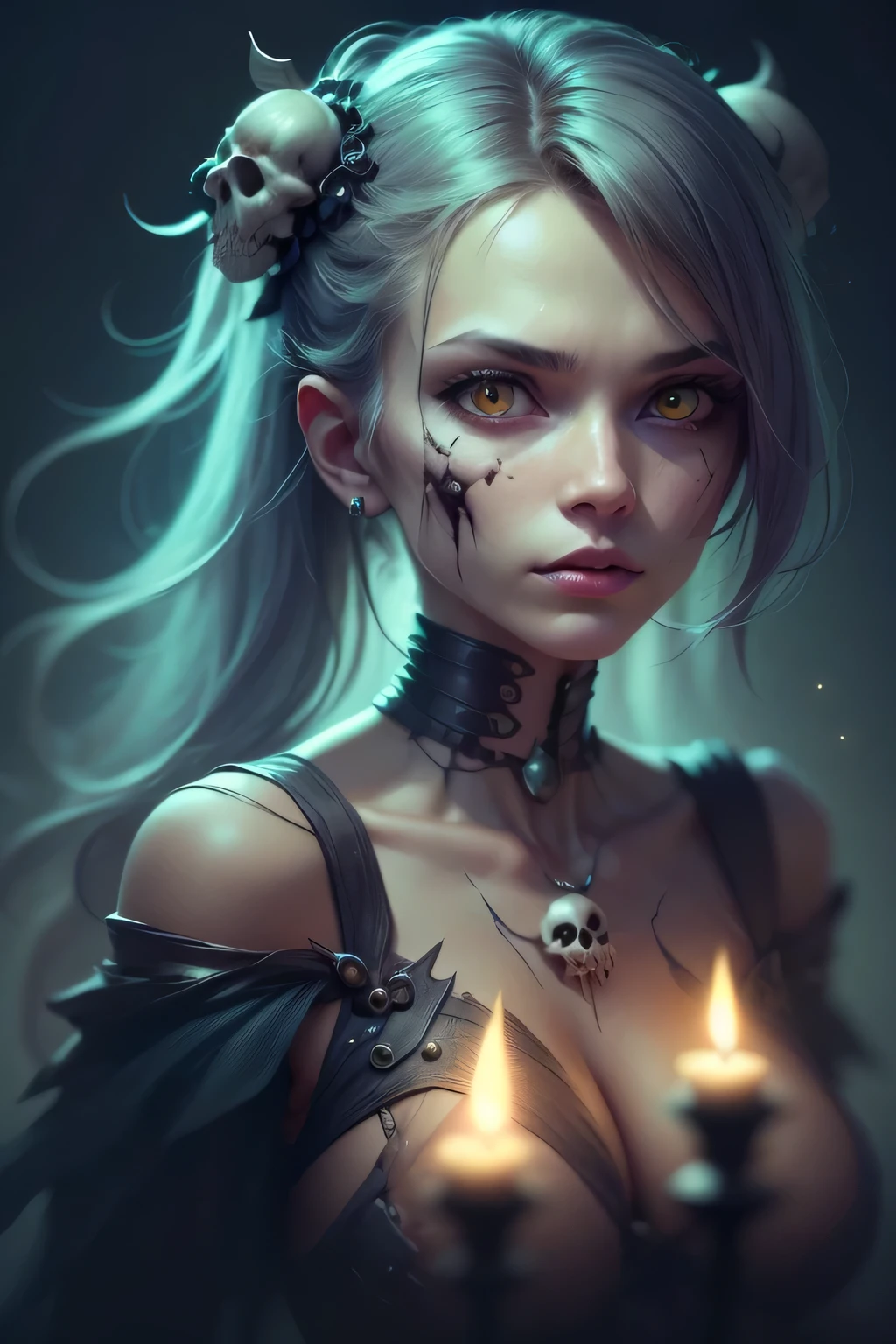 Generate a full-body image of a Beautiful witch girl, 18 years old, fit and attractive body standing in the center of a dark and foreboding location. The necromancer's eyes must have a completely white iris, level of detail 1.2. Her face must display a mixture of sensuality and demonic expression. The necromancer's skin should be pale and dead, contrasting with the dark environment. Surrounding the necromancer is a shadowy landscape of rotting, dismembered bodies rising from the earth, souls of the dead, and candles illuminating the symbols of dark magic, detail level 1.2. using advanced rendering and modeling techniques. Use the following software for creation: 3DS Max, SketchUp, SolidWorks, AutoCAD, Blender, Vectary, MeshMixer, and Unreal Engine 5. Apply photon mapping, radiosity, and physical rendering techniques with automatic white balance for realistic lighting. Create a cinematic lighting setup with a slightly heightened twilight effect. Make sure the final image has a soft focus effect but remains ultra-detailed and realistic. Artwork should not be based on a specific photograph. Evoke a sense of technology and high-quality craftsmanship, reminiscent of a masterpiece of illustration and CG art. Include elements of unity, wallpaper and official art in the composition. It presents fine details, extreme delicacy and beauty, with sharp focus and a high level of detail. Render woman's hair with detailed bangs. Render the final image with a black background and a plain background. Do not include watermarks or text overlays in the generated image.