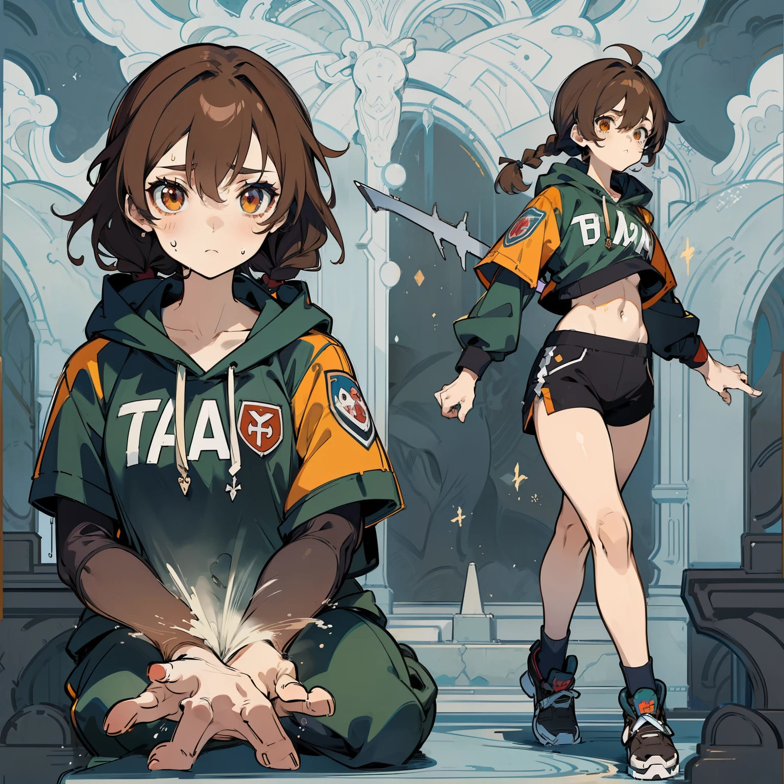 (animesque:1.3), (cover-style:1.3), Extreme refinement, 1girl in, brown hair, short, braids, tomboy, aloof look, glare, apocalypse, apocalyptic clothes, zombie apocal ypse, survival gear, shorts, hoodie, sports bra, backpa ck, shoujo, 2000's anime style (body) (very thin) (no c urves)