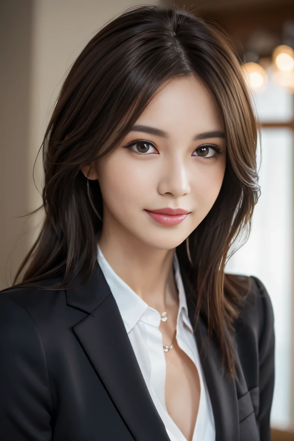 table top, highest quality, realistic, Super detailed, finely, High resolution, 8k wallpaper, 1 beautiful woman,, light brown messy hair, wearing a business suit, sharp focus, perfect dynamic composition, finelyて美しい目, thin hair, Detailed and realistic skin texture, smile, close-up portrait, model body shape