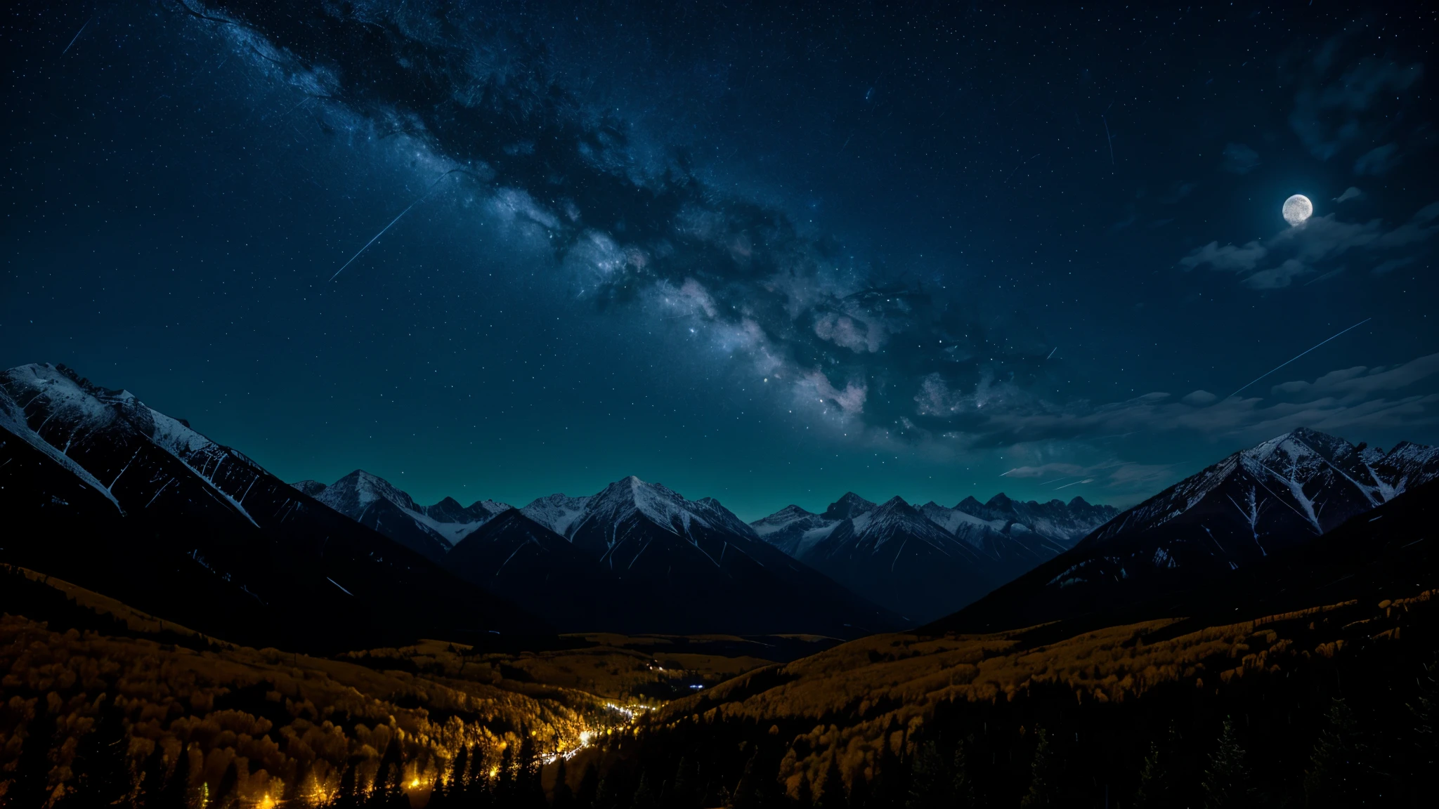 Beautiful night landscape with mountains and trees under the light of the moon and stars